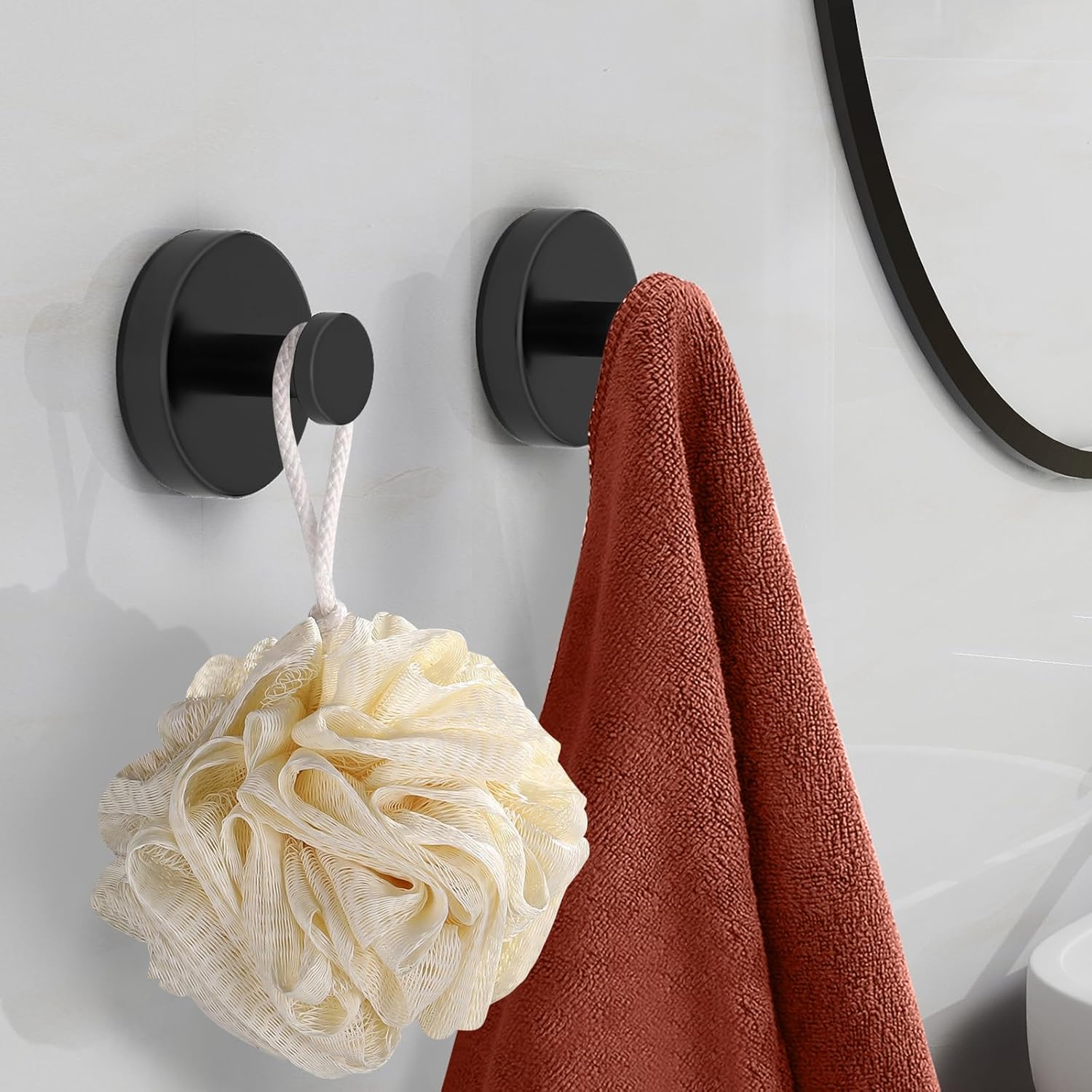 Suction Cup Hooks for Shower, Bathroom, Hanging Towels, Robe, Loofah, Mounting on Glass Shower Doors, Tile, Mirrors, Black, Rubber Suction Cup, 2 Pack