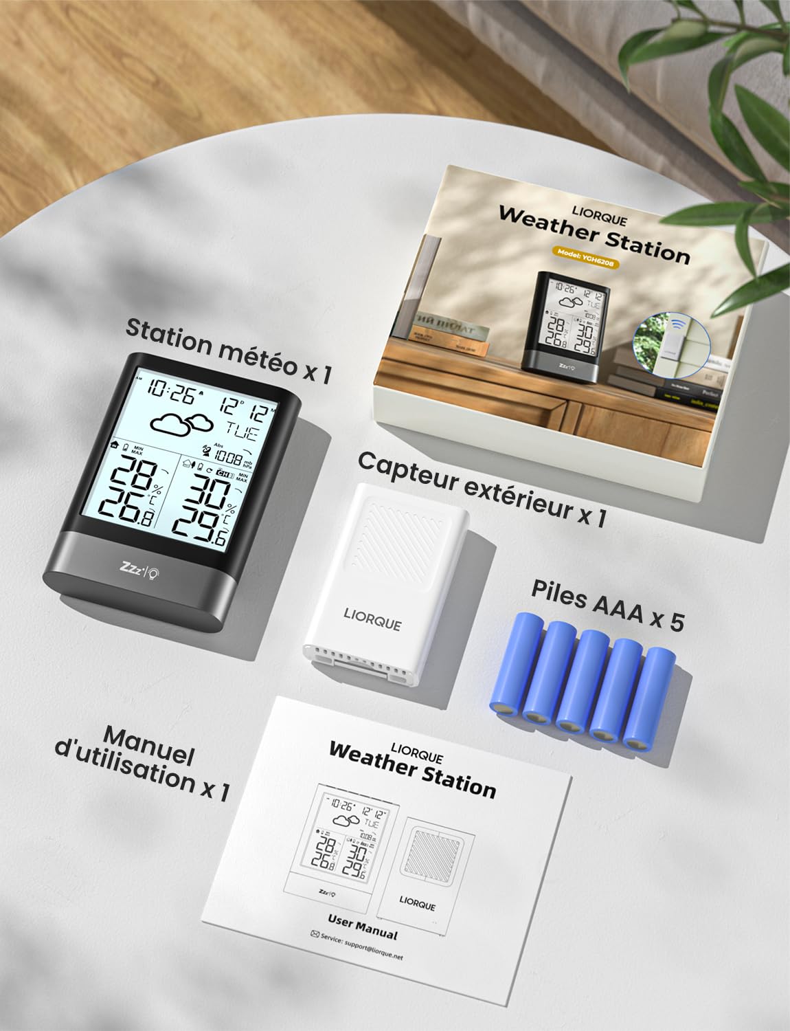 LIORQUE Station Météo Sans Fil Avec RCC, Thermomètre Hygromètre Baromètre Intérieure Extérieure Température Prévisions Météorologiques, LCD Ecran Rétro éclairage Horloge Numérique Alarme Snooze