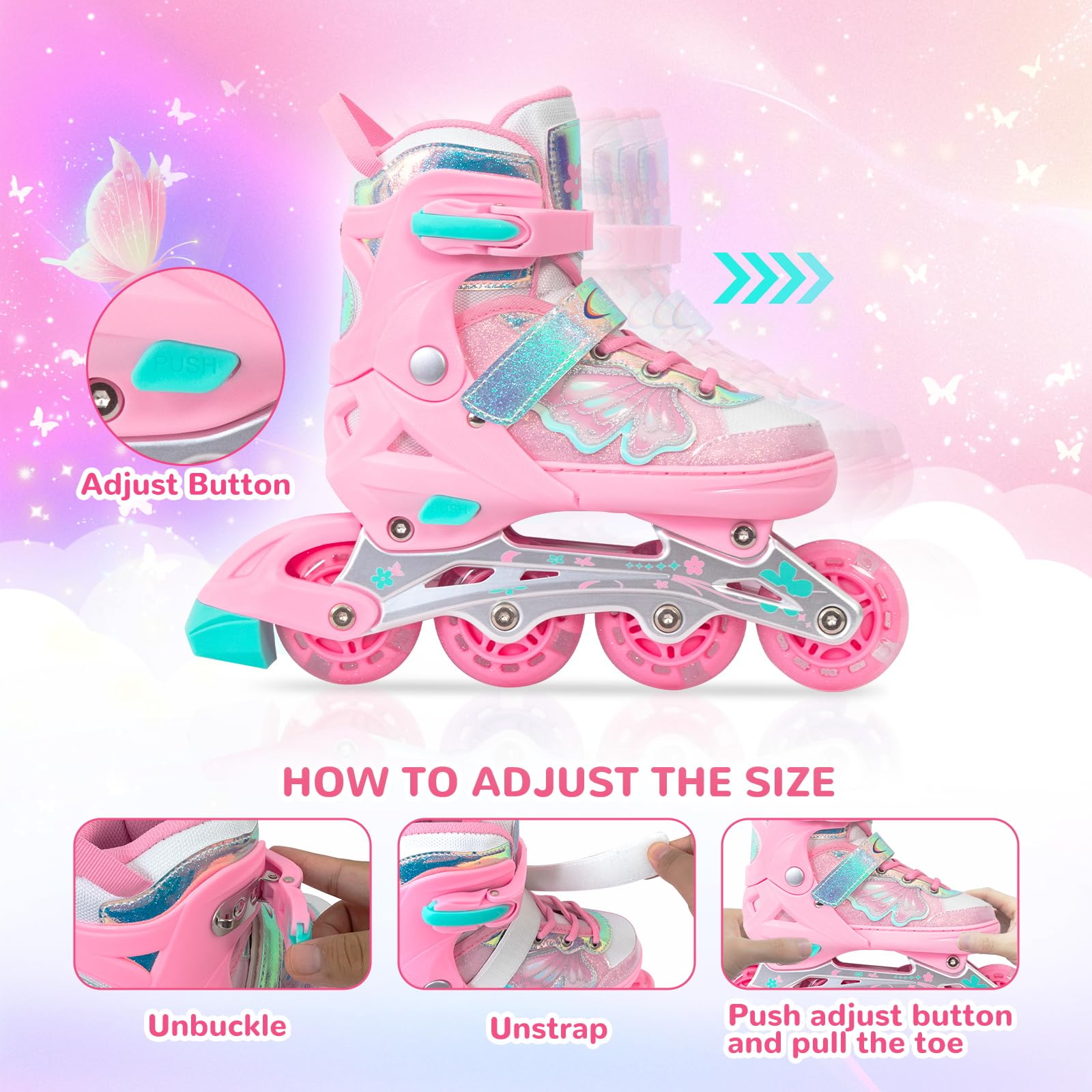 Nattork Patins à roues alignées pour filles et garçons – Lames rose cyan pour enfants de 8, 9, 10, 11 ans – Toutes roues lumineuses réglables pour sports d'intérieur et d'extérieur, cadeau
