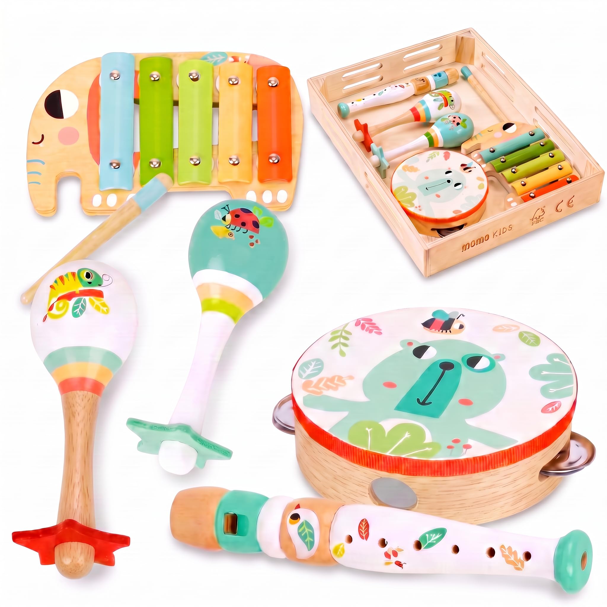 Momo Kids® Musical Instruments Baby 5 in 1 | Montessori Toys 2 Years Wood | Xylophono Baby, Drum, Maracas, Flute, Scraper | Baby Activity Table 1 Year (Set Musical Instruments Baby)