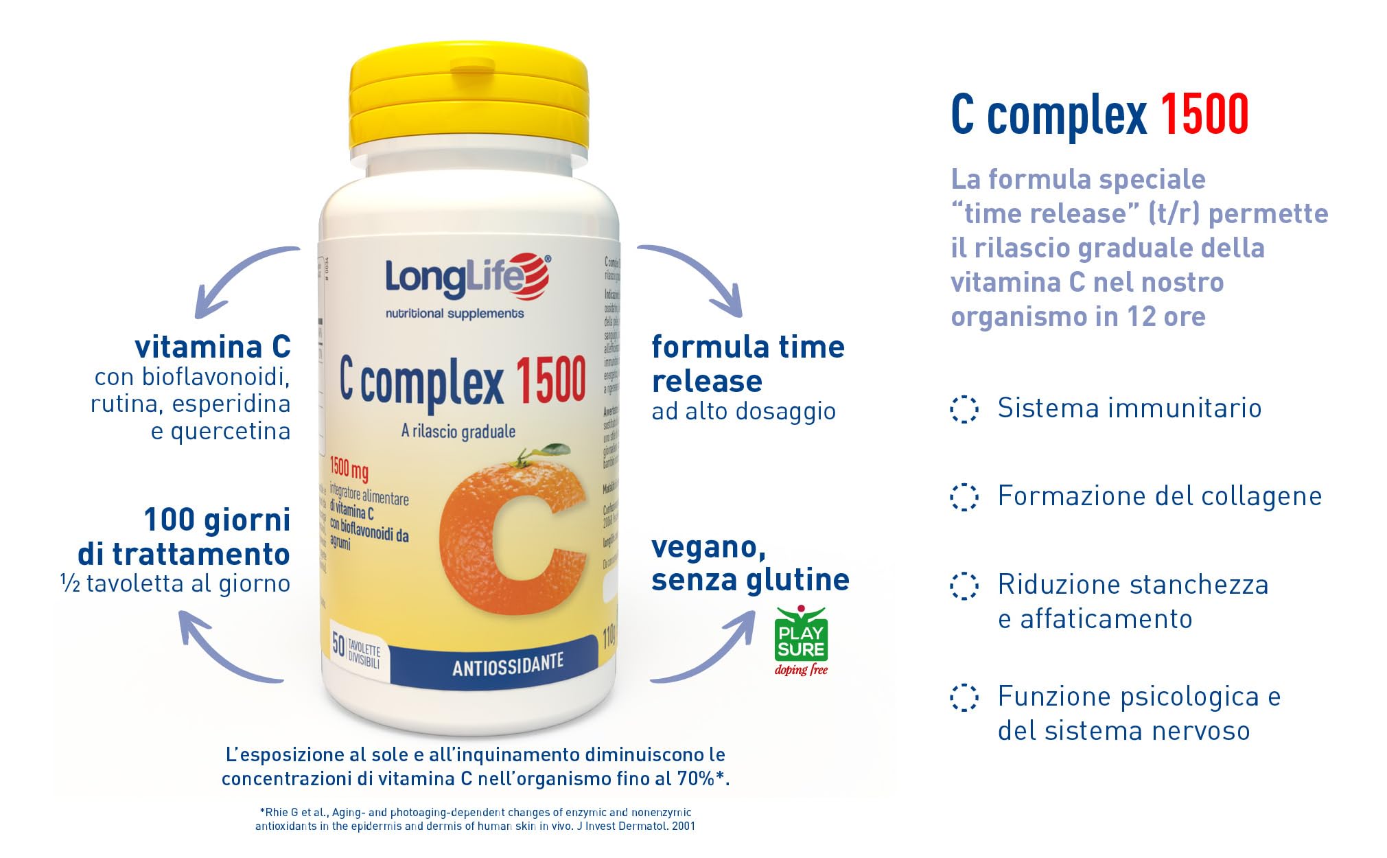 LongLife® C complex 1500 | Vitamina C 1500 mg rilascio graduale | Alto dosaggio | Con bioflavonoidi da agrumi e quercetina | Difese immunitarie | 100 giorni di trattamento | Vegano e senza glutine