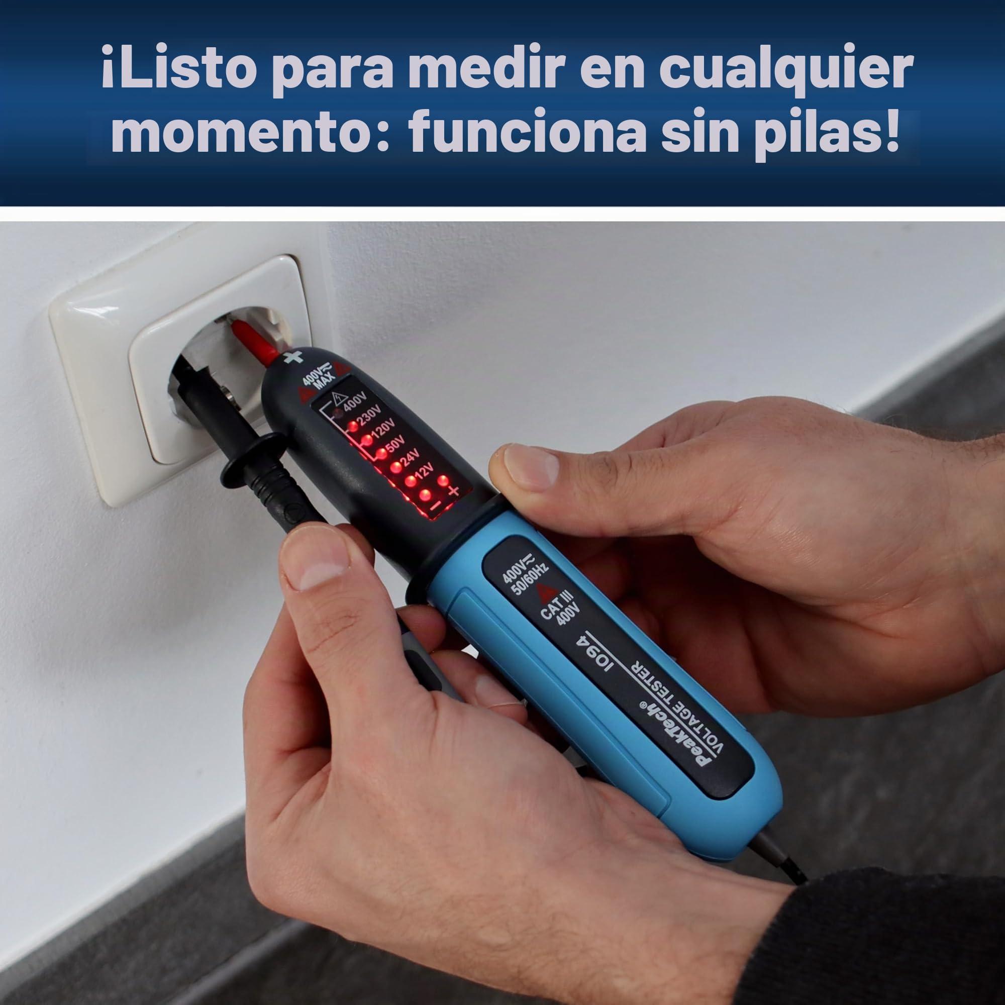 PeakTech, P1094, Comprobador de tensión digital bipolar CA/CC de 12 V a 400 V, Comprobador de corriente de calidad con pantalla LED y señal acústica de advertencia, Voltímetro con clase de protección