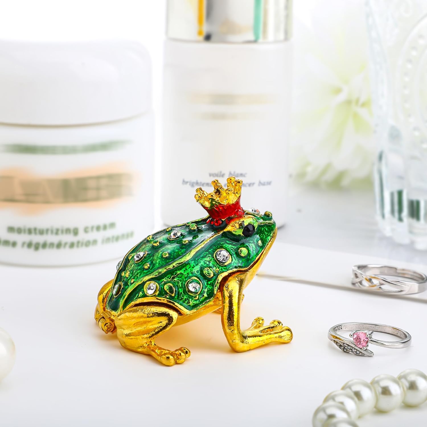 YU FENG Crystal Jeweled Crown Frog Trinket Box Hinged Collectible Frog Figurine Decor Ring Holder Hand-Painted Decorative Jewelry Holder Box - Image 5