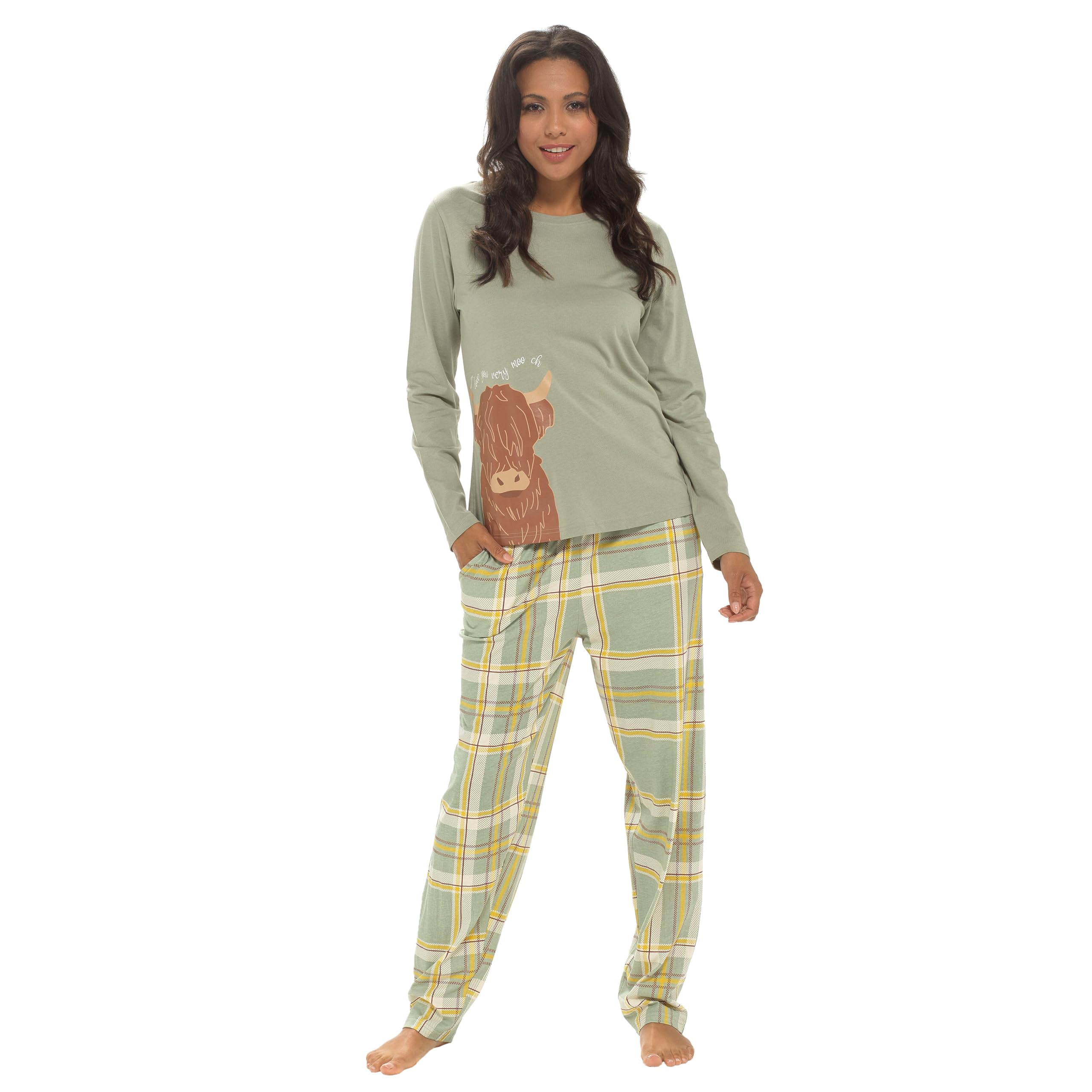 Daisy Dreamer Women's Highland Cow Pyjamas Set Cotton Jersey Long Sleeve And Full Length Bottom Pyjama Sets Sleepwear Loungewear Pjs, Small