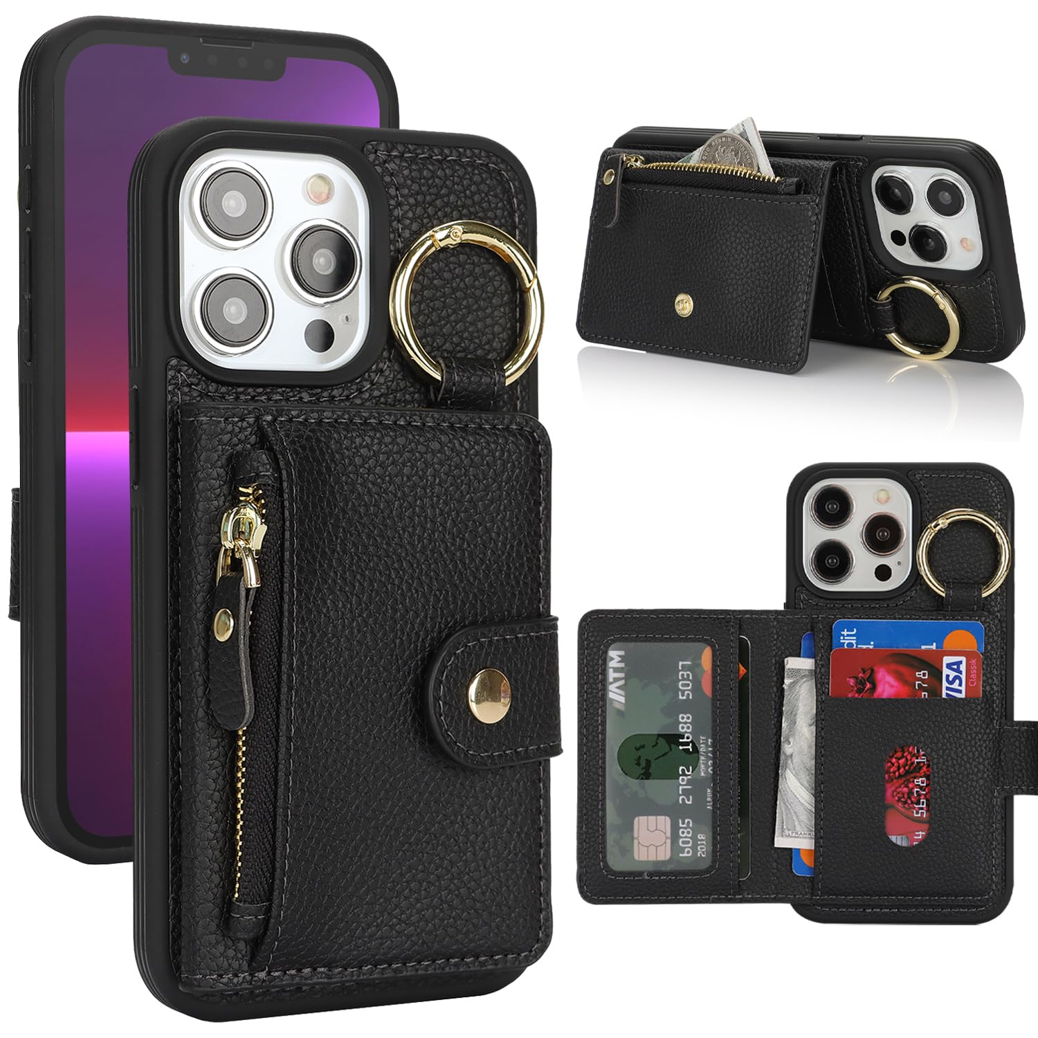 Hamany for iPhone 13 pro max Phone case Wallet with Card Holder,for iPhone 13 pro max Case Wallet with Zipper with Slot Kickstand Stand Case for Women