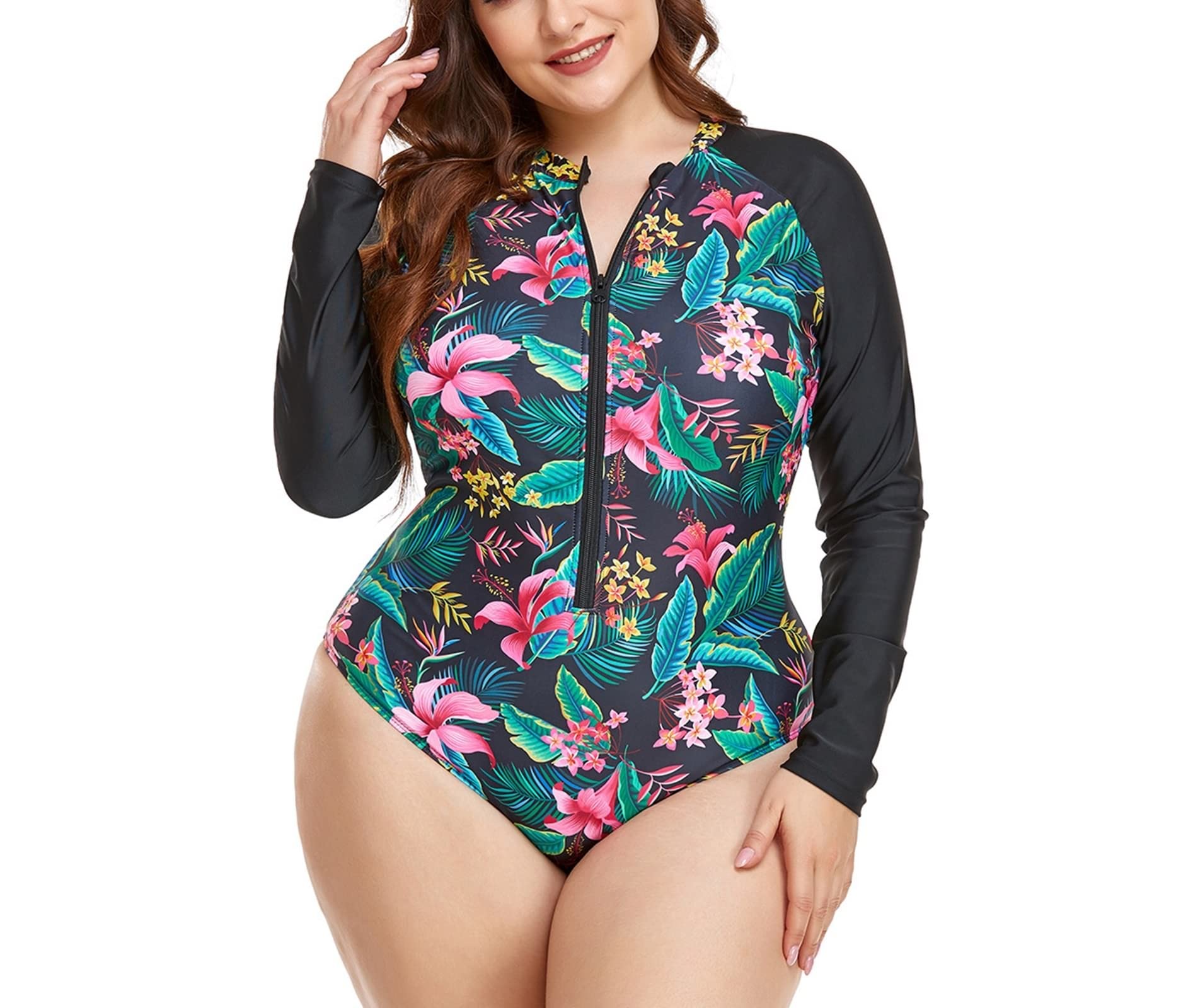 1 pezzo costumi da bagno controllo pancia, costume da bagno manica lunga donna foglie tropicali e fiori poliestere plus size costume da bagno