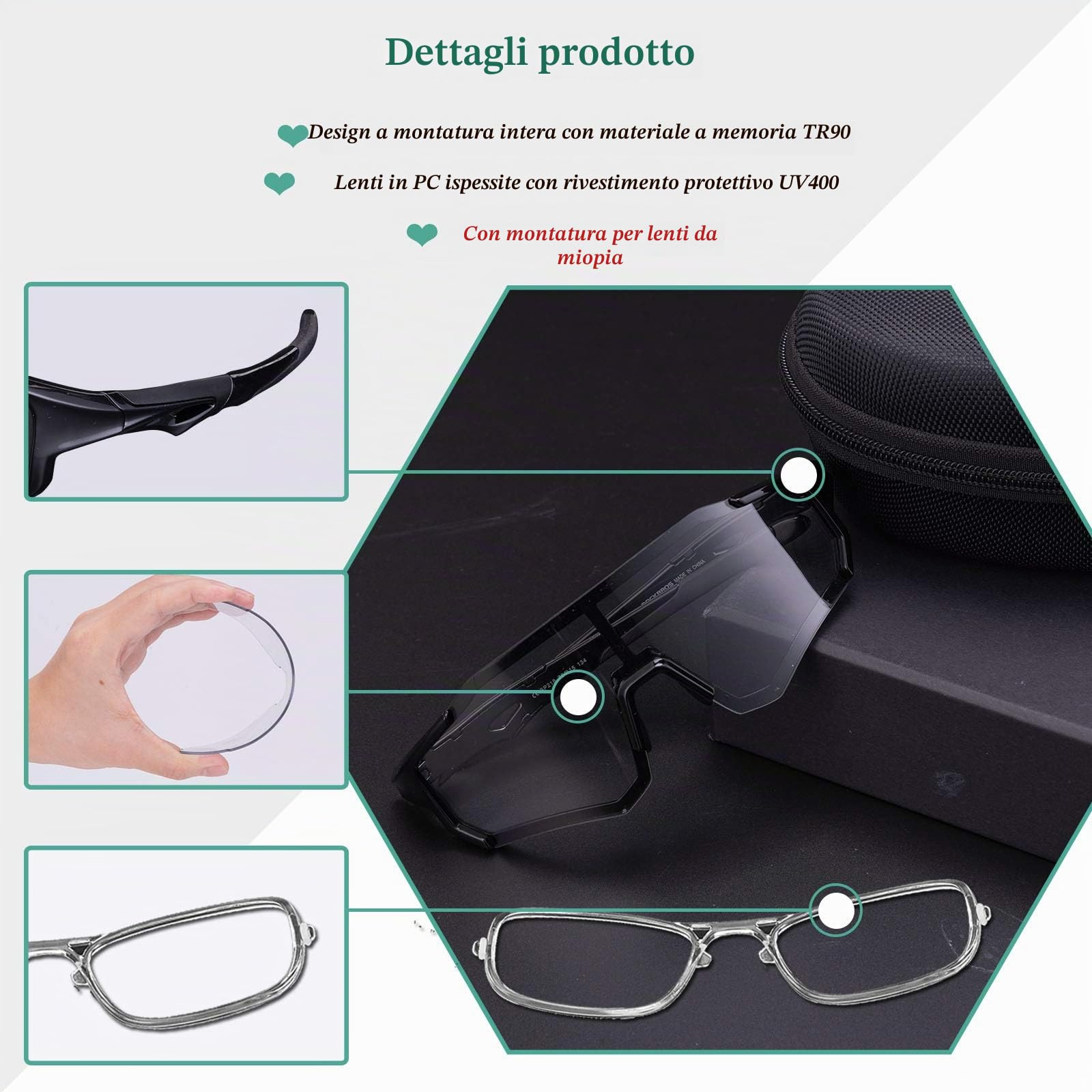 ROCKBROS Occhiali da Ciclismo Sportivi Anti-UV400, Occhiali Fotocromatici da Sole per MTB Bici, Uomo Donna, PC Lenti Trasparenti, Leggero Nero