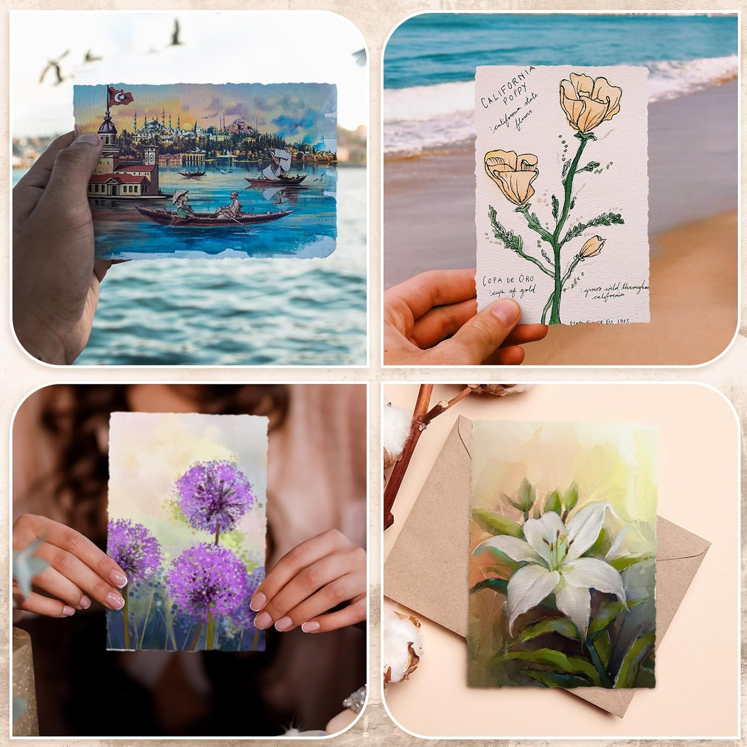 Panelee 100 Sheets 300 GSM Handmade Watercolor Paper Bulk with Deckled Edge 4 x 6 Inch Textured Cotton White Blank Thick Paper for Wedding Invitations Crafts Watercolor Greeting Cards