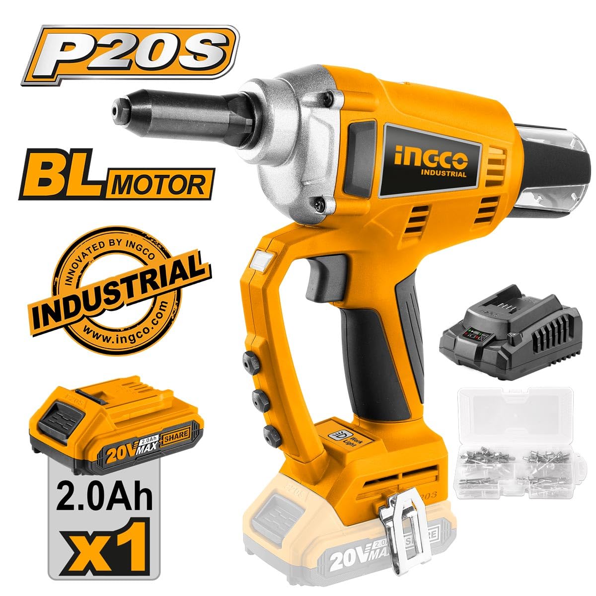 INGCO CRTLI20051 Rivettatrice a batteria 20V 2.0Ah al litio motore induzione Brushless con luce led forza di trazione max 20.000N include caricabatterie e 100 rivetti