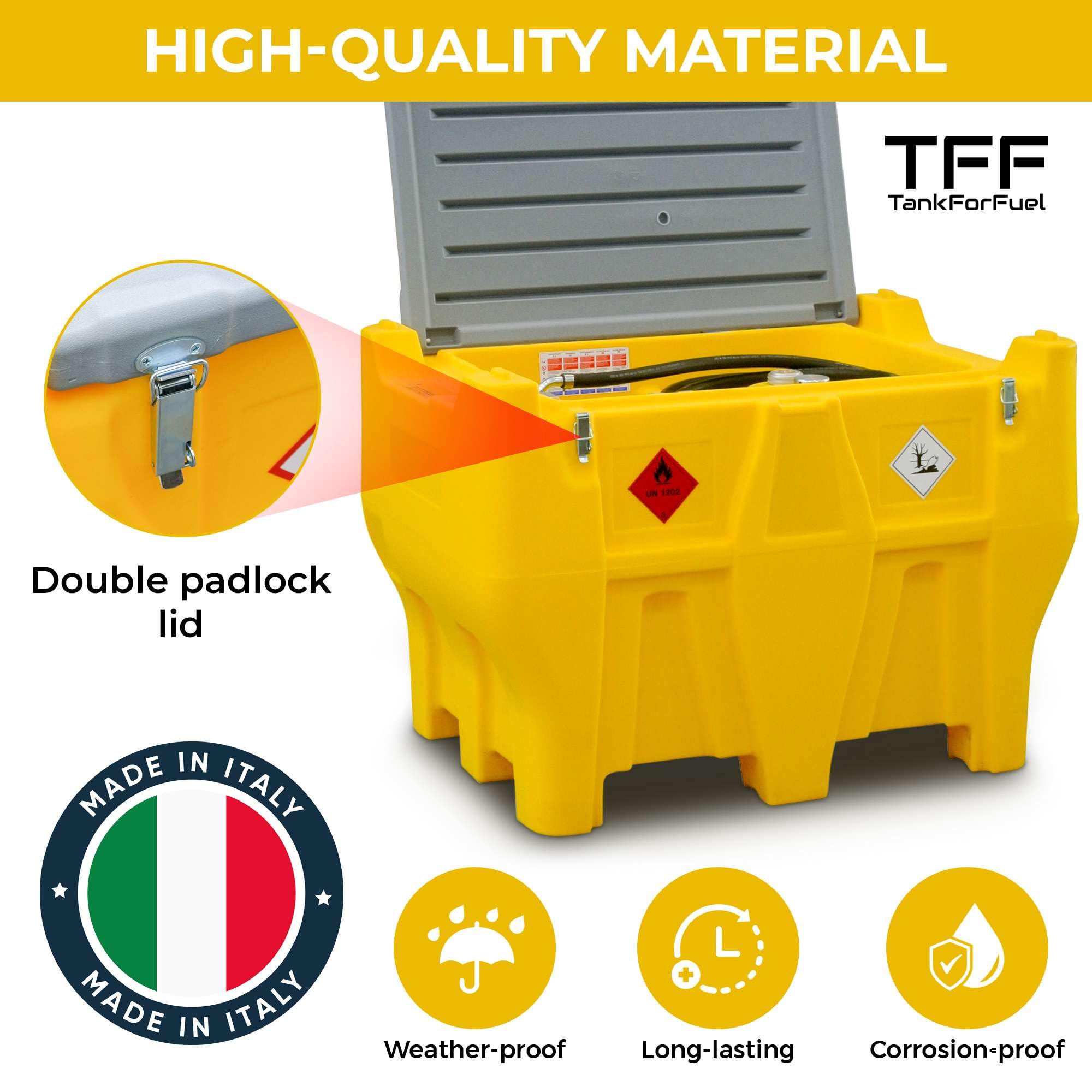 TFF Deposito Gasoil Portátil, 440 Litros con Bomba Gasoil 12V DC capacidad 40 l/min. Depósito Gasoil para PickUp con cable de alimentación, manguera flexible de 4 m y Pistola Gasoil Automatica