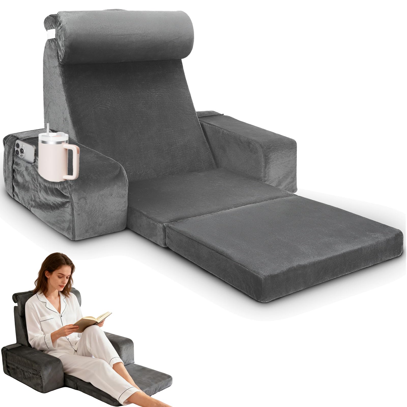 Lesekissen für Bett und Sofa,Rückenkissen Bett mit Abnehmbarer Nackenrolle,Armlehnen und Taschen,Groß Erwachsenen Rückenkissen für Lesesitzkissen zum Lesen,Entspannen,Fernsehen,Maschinenwaschbar
