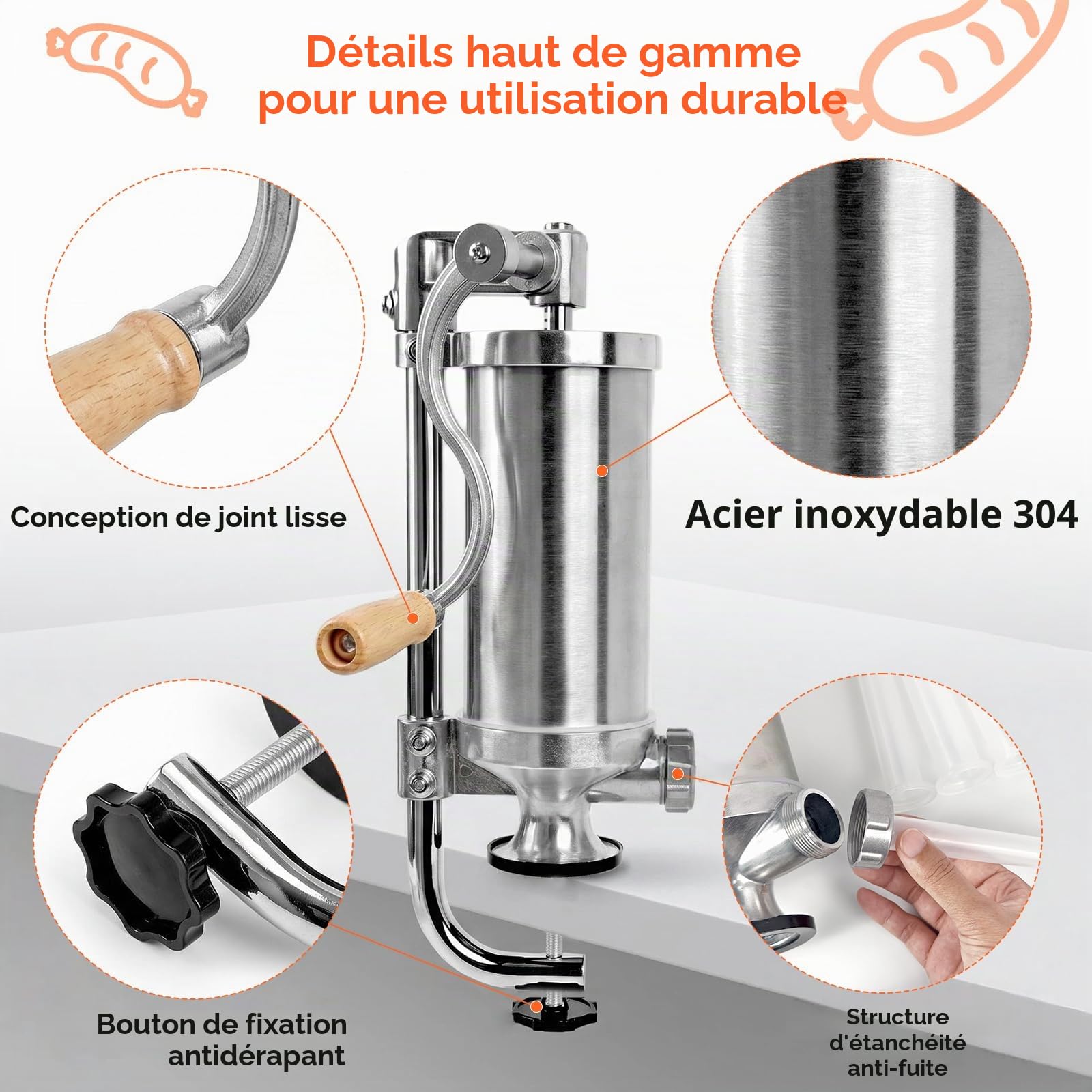 Joyeee 2.5 LB Poussoir à saucisses Manuel, Verticale Machine à Saucisse en INOX avec Manivelle Aanuelle & Pince de Table, 4 Tubes de Remplissage, Poussoir à Viande pour Usage Commercial et Domicile