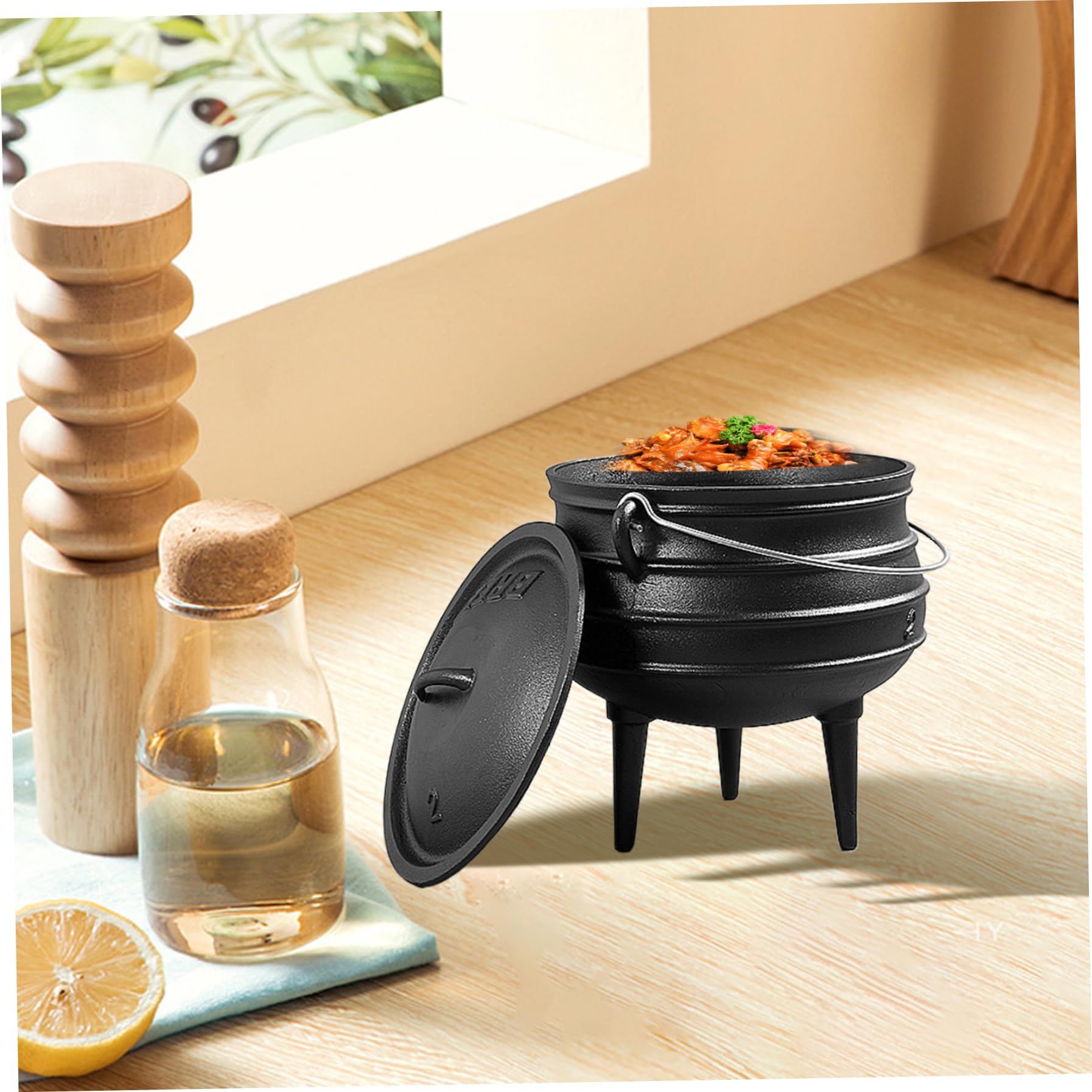 Caldero de Bruja de Hierro Fundido de 3 litros con Tapa y asa, Olla de Hierro Fundido con 3 Patas largas al Aire Libre para Acampar, Chimenea, brujería, Halloween