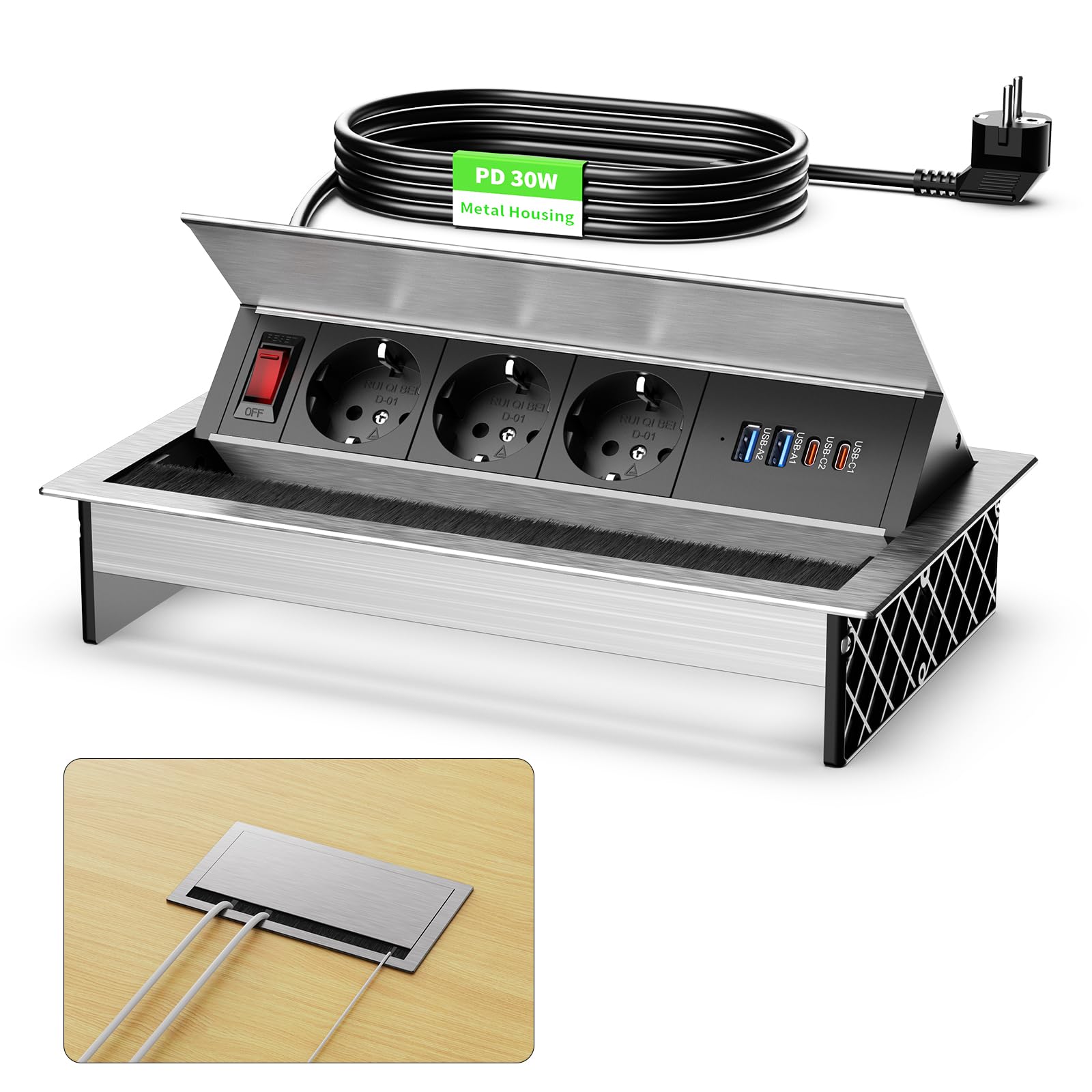 Aluminiowe gniazdko wtykowe z 2 USB-C PD 30 W i 2 USB-A, gniazdko do zabudowy, 3 gniazda z USB i przełącznikiem, wpuszczane gniazdko z USB, do sali konferencyjnej, domu, biura, kabel 1,8 m, 2400 W/10
