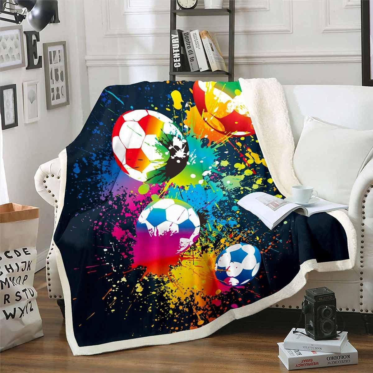 Homemissing Sport Decke 150x200cm für Mädchen Jungen Kinder Fußball Kuscheldecke Sport Themen Spiele Wohndecke Leuchtend lebendiger Fußballmuster für Sofa Bett