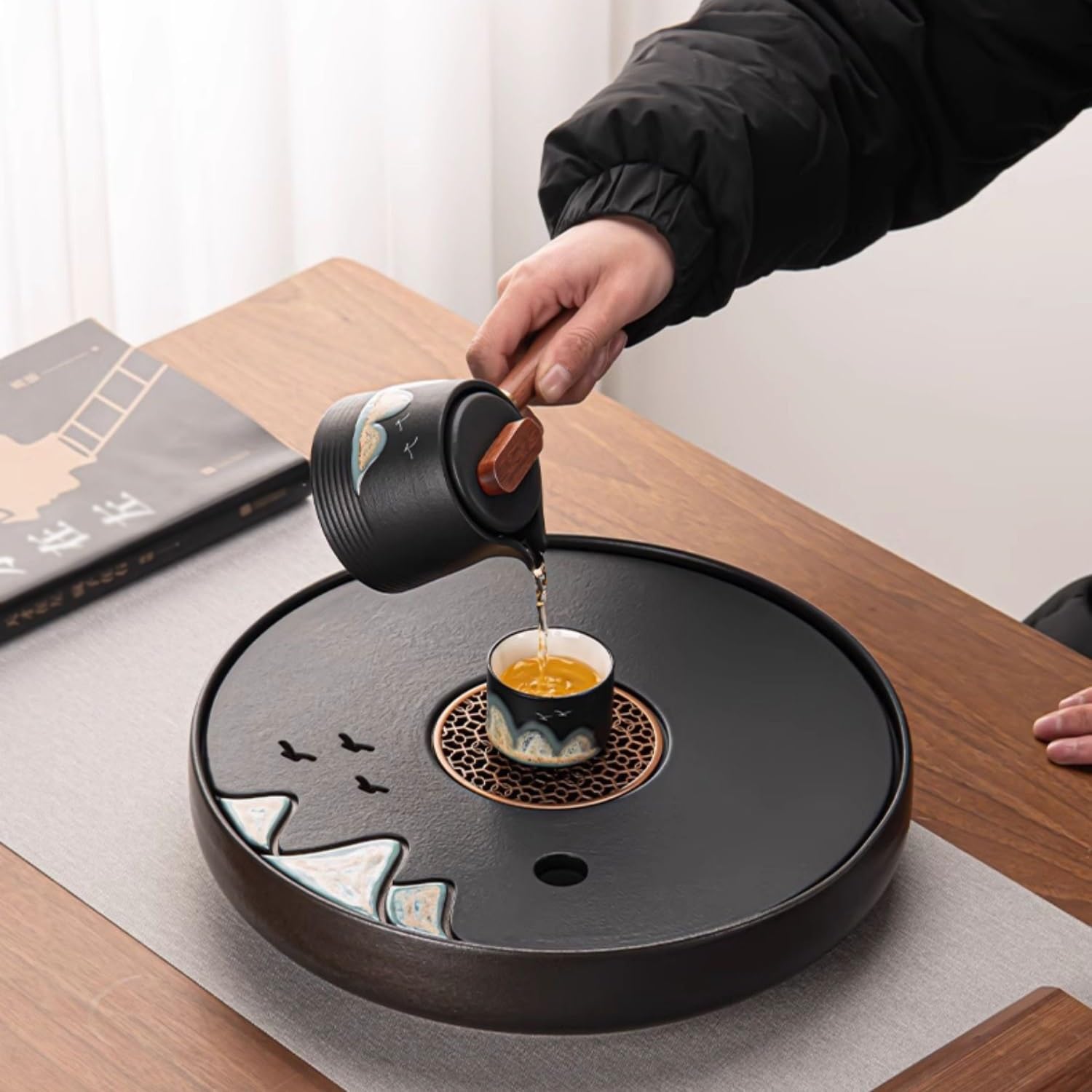 Bandeja de té Bandeja de té de cerámica Bandeja de té Redonda pequeña para el hogar Sala de Estar Mesa de té Bandeja de té Seca Bandeja de Mesa de café