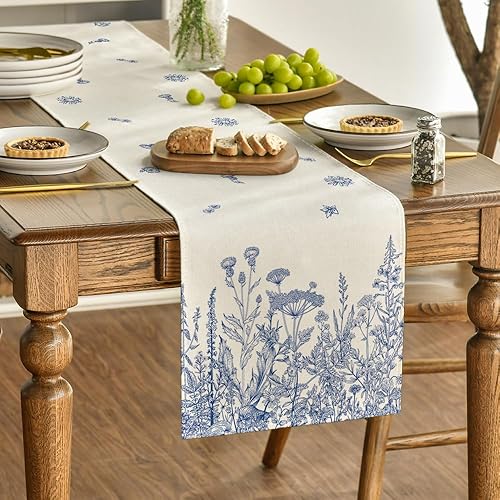Miniatura 10 de Artoid Mode Camino de mesa de primavera con hierbas antiguas negras y flores silvestres, decoración de mesa de comedor de cocina de verano de