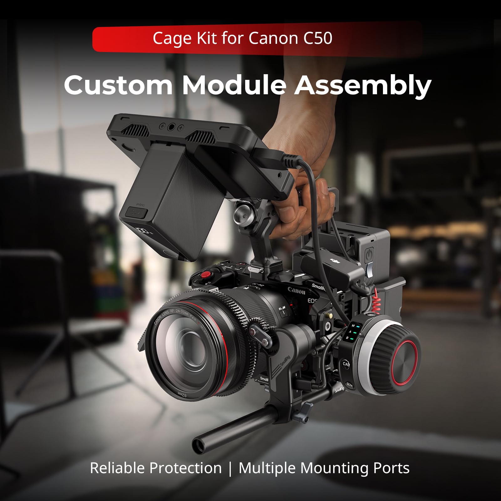 SMALLRIG Zestaw Cage do Canon C50 z górnym uchwytem, ​​paskiem na rękę, dedykowanym zestawem do kamery ręcznej z zaciskiem kablowym do HDMI, wbudowaną płytką szybkiego montażu do Arca- 5809