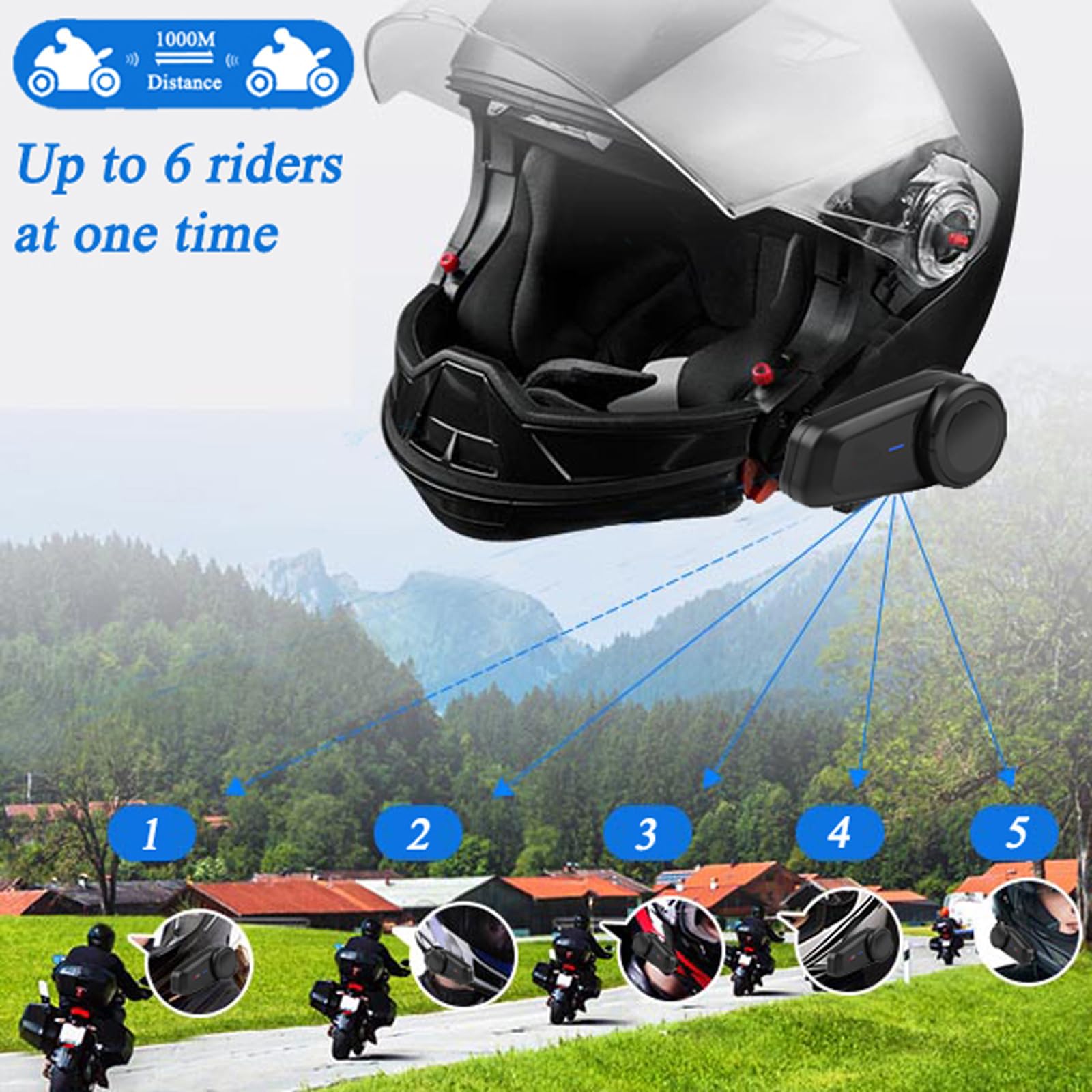 QSPORTPEAK M2 Intercomunicador Casco Moto, Sistemas de Comunicación Bluetooth para Motocicletas para 6 Jinetes/Rango 1000m, Bluetooth 5.1/CVC & ENC Cancelación de Ruido,Compartir música,2 Pieza