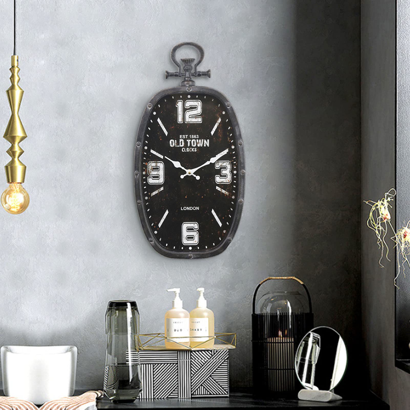 Reloj de Pared al Aire Libre, Arte de Hierro Oval Creativo, decoración de Estilo Industrial Retro, Tranquilo y sin Ruido, Reloj de Pared de Reloj de Bolsillo Europeo