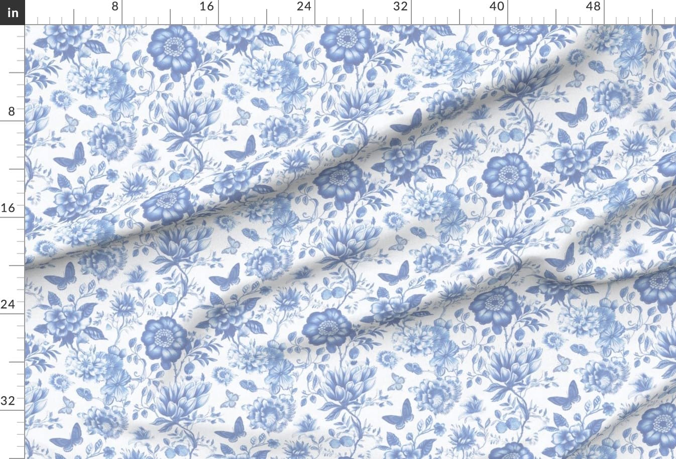 Spoonflower Fabric - Blue Floral Butterflies Country Roses Damask French Cottage Printed on Chiffon Fabric Fat Quarter - Sewing Fashion Apparel Dresses Home Decor