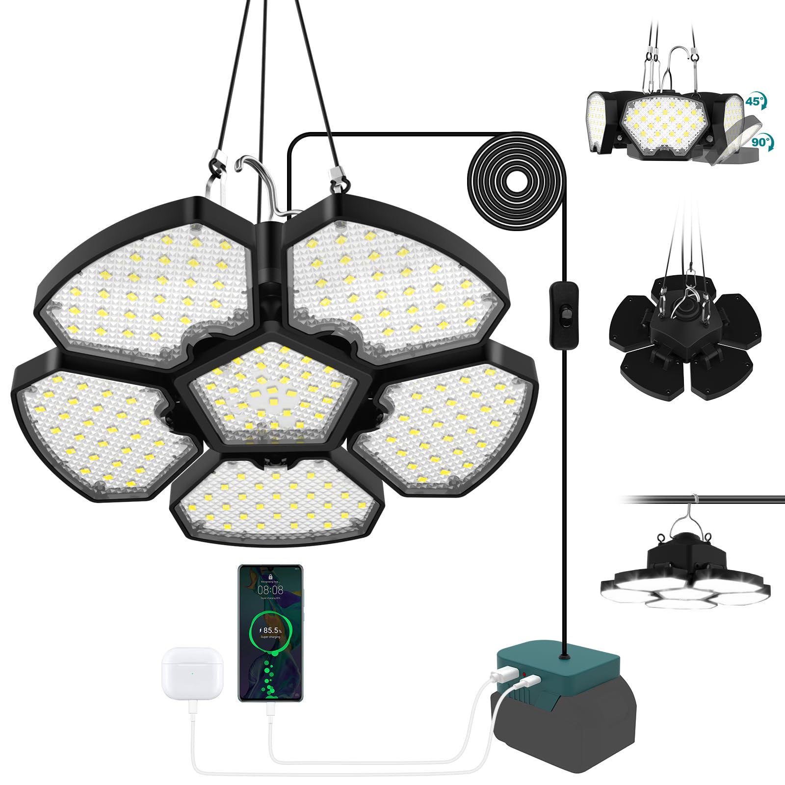 T-SUN 2000LM Lampe Suspendue LED Compatible avec Ma-kita 18V, Suspension LED 65W, 2 Modes d'éclairage, 6000K Lampe de Camping Portable avec USB et Type-C pour Jardin Chemins Garage(Sans Batterie)