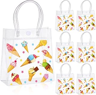 24 Pcs Ice Cream Gift Bags PVC with Handles 5.9 x 7.9 x 2.8 Inch Clear Reusable Totes for Ice Cream Party (Adorable Style)