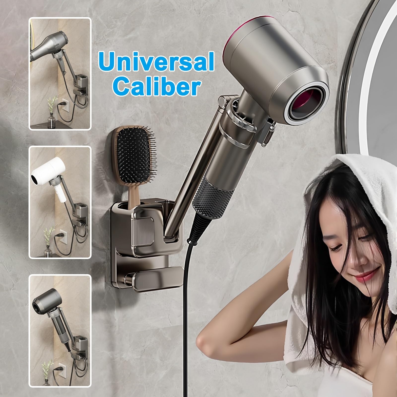 Soporte Secador de Pelo Manos Libres, Ángulo Ajustable, Soporte de Pared para Secador de Pelo, No Requiere Perforaciones, para Baños y Tocadores(Gray)