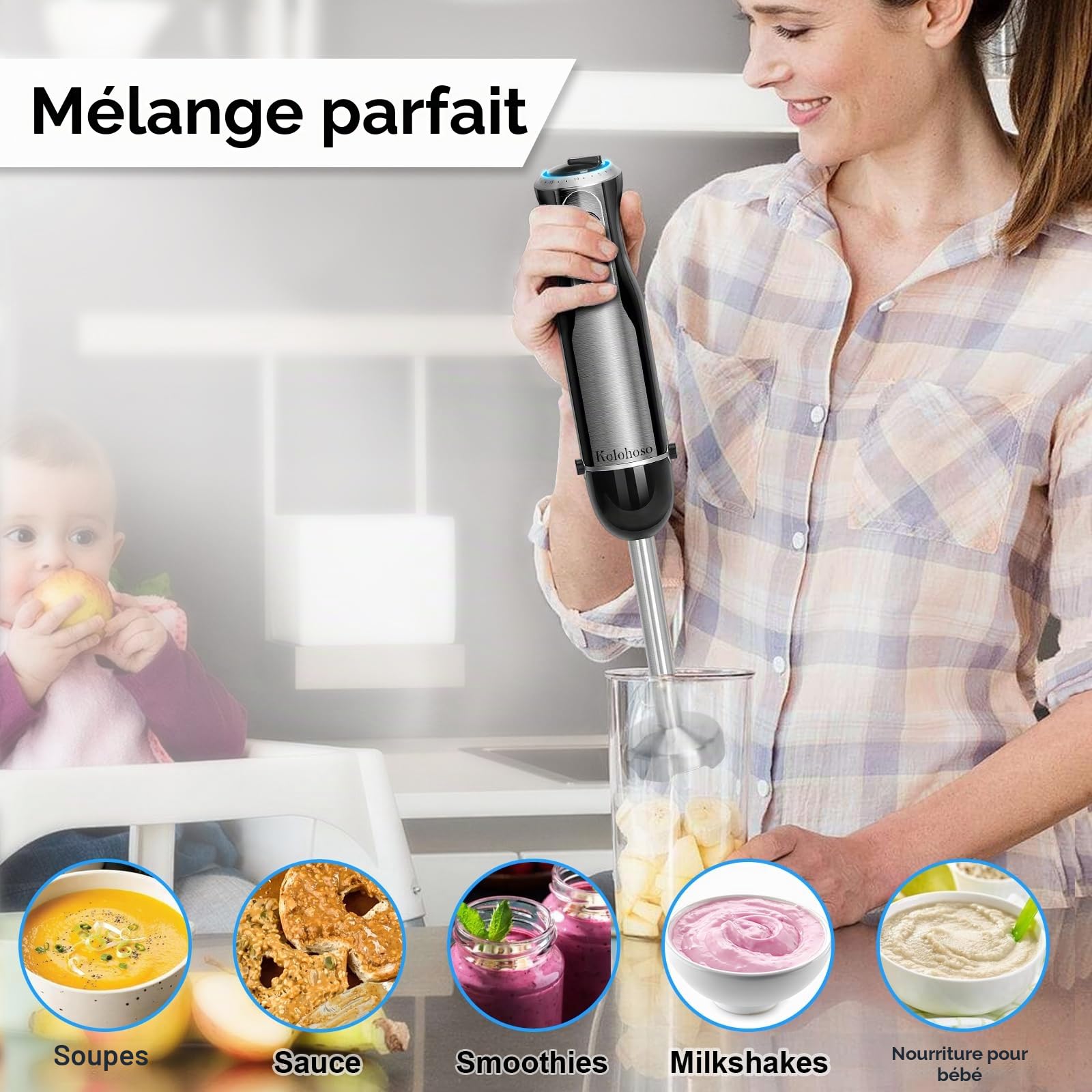 1500W Mixeur Plongeant 4 en 1, 20 Vitesses+ TURBO, Anti-Éclaboussures