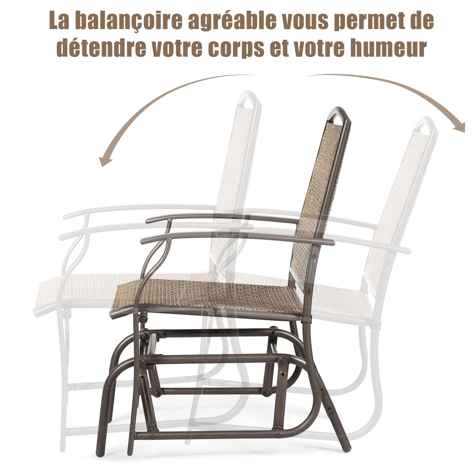 GOPLUS Mecedora Jardín Exterior, Silla Ergonómica con Estructura de Metal, Respaldo Transpirable Teslin y Reposabrazos, para Terraza Patio Piscina, Carga 150 kg (1 Pieza)