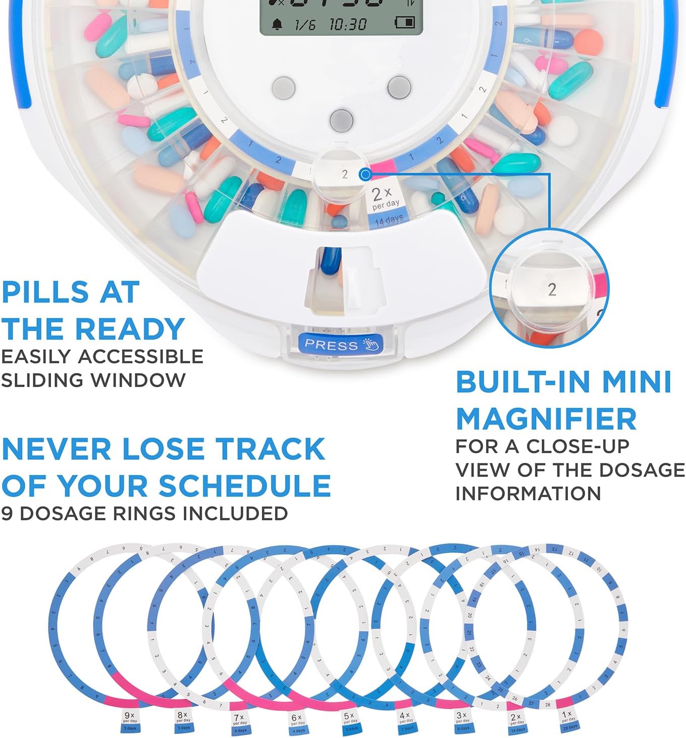Live Fine Smart WiFi Automatic Pill Dispenser Clear Lid | 28-Day Medication Organizer Up to 9 Doses Per Day for Care Monitoring with Lock Key, Light/Sound Alarms for Prescriptions & Vitamins