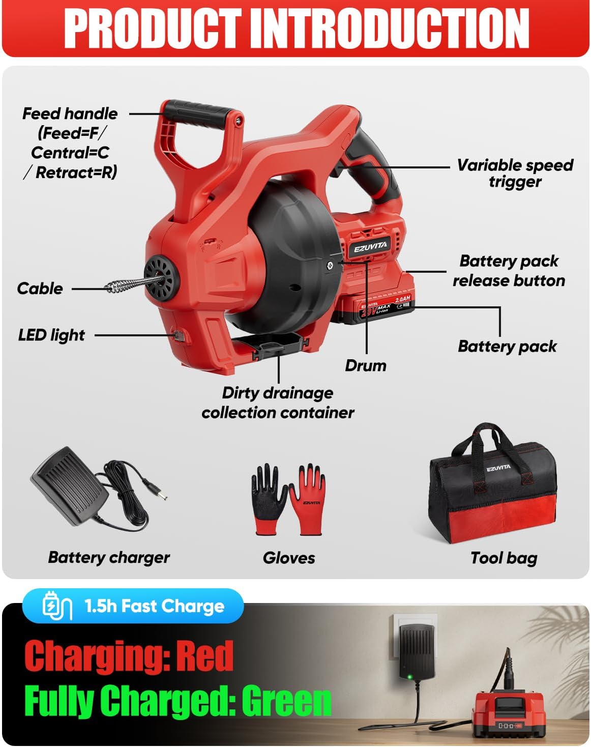 20V Cordless Electric Drain Snake, 25Ft Replaceable Cable with 2.0Ah Battery & Fast Charger, Storage Bag & Gloves, Snake Drain Hair Removal Tool with LED Light for Sink&Sewer 3/4"-2" Pipe