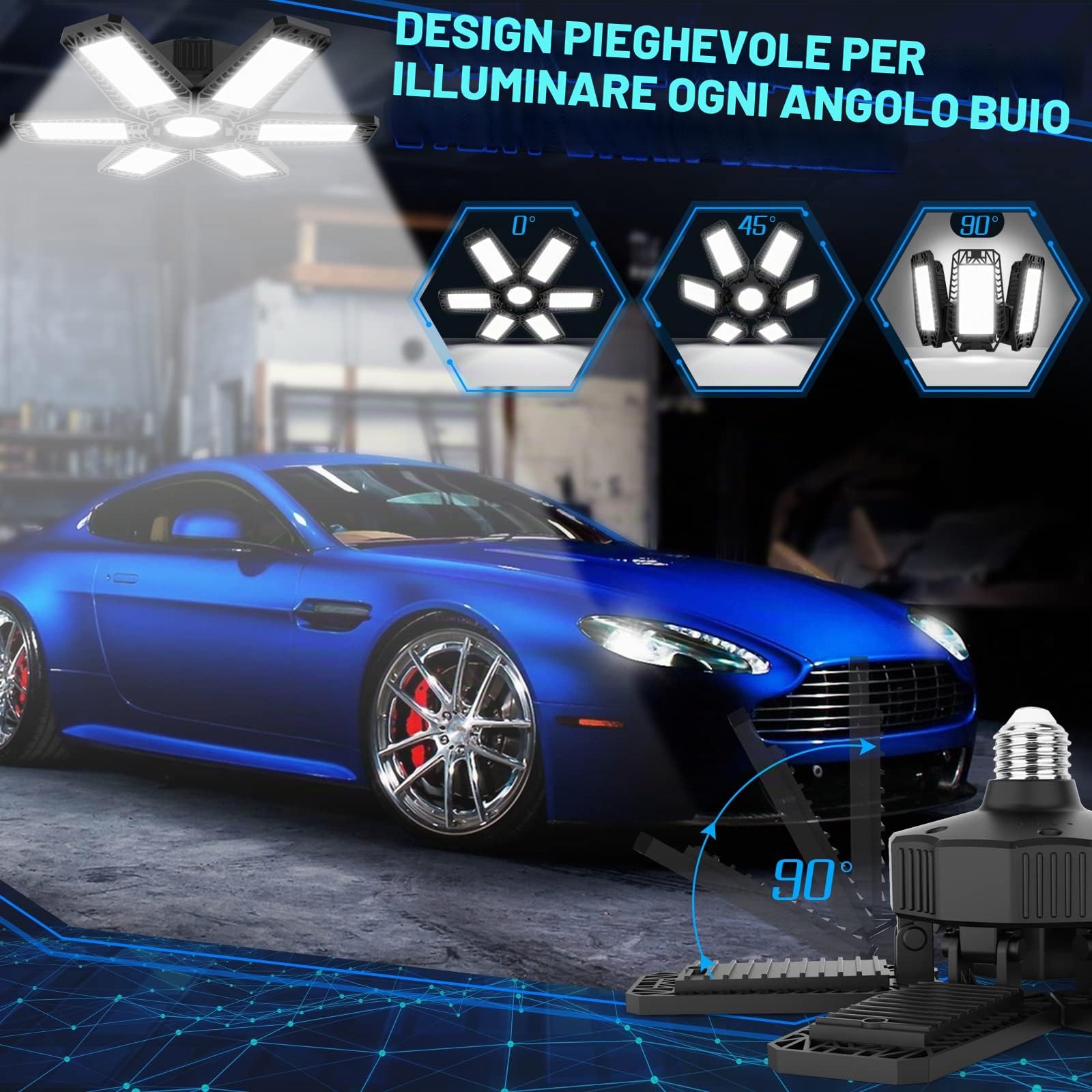 Plafoniera LED Garage 185W 18500LM 6500K Luce Garage 6 Pezzi | Lampada Garage con 6+1 Pannelli Regolabili, E27 Bianco Freddo Officina Plafoniera LED per Magazzino Ufficio Cantina Cucina