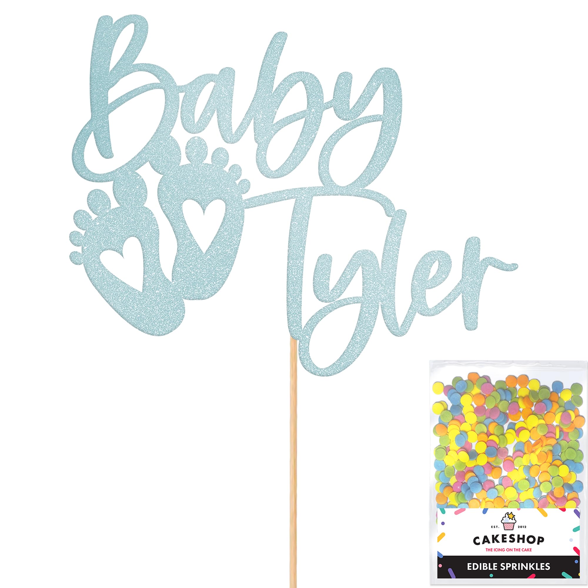 Cakeshop Personalised Baby Glitter Cake Topper With Sprinkles - Light Blue Custom Colour - Any Name - Double-Sided Glitter Card Cake Decoration - Custom Toppers for Cakes