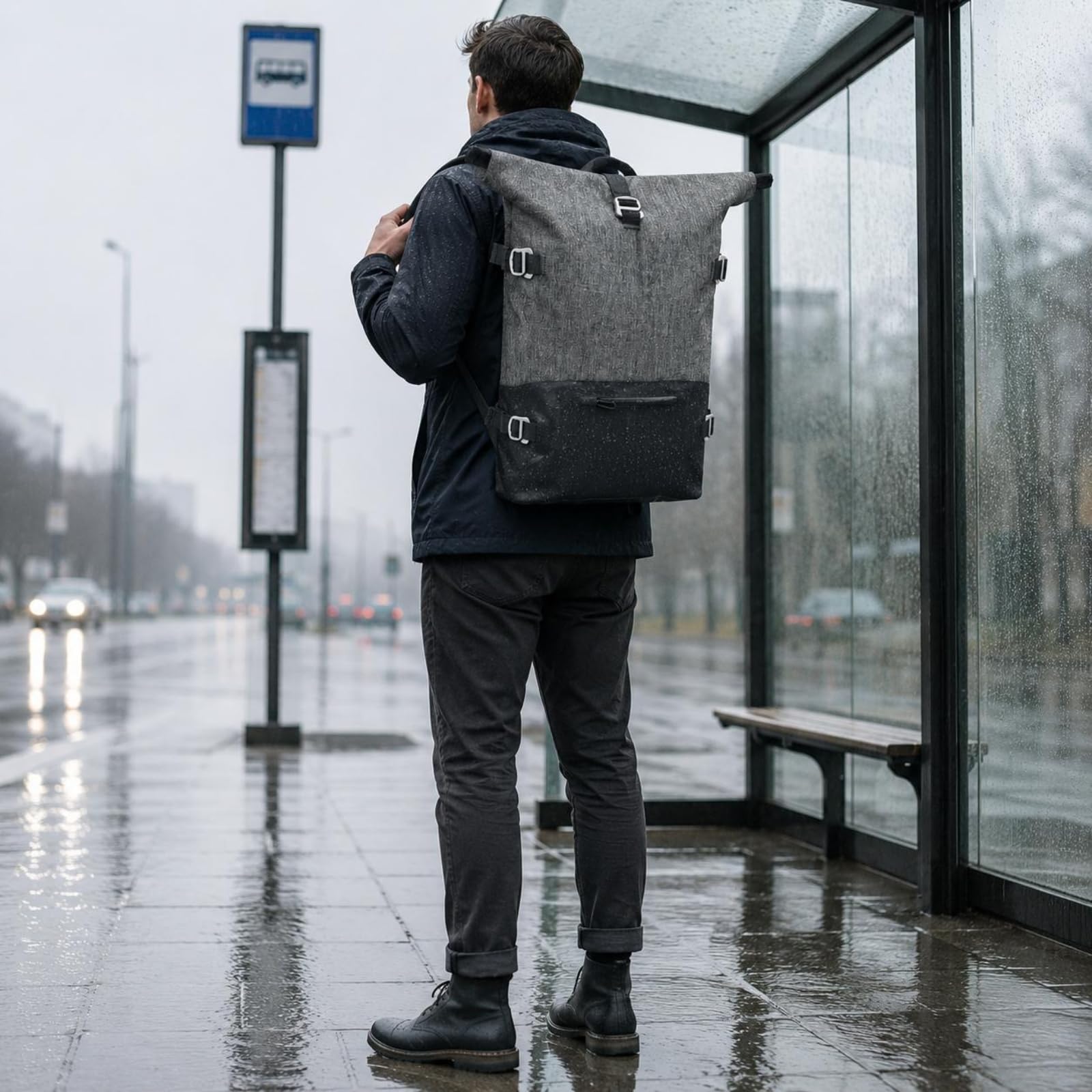 Wasserdichter Rucksack Rolltop Rucksack Tagesrucksack Outdoor Rucksack mit Anpassbarer Rollhöhe Und TPU Beschichtung Breiter Griff Oben Und Reißverschlussfach für Pendeln Reisen Alltag Bahn