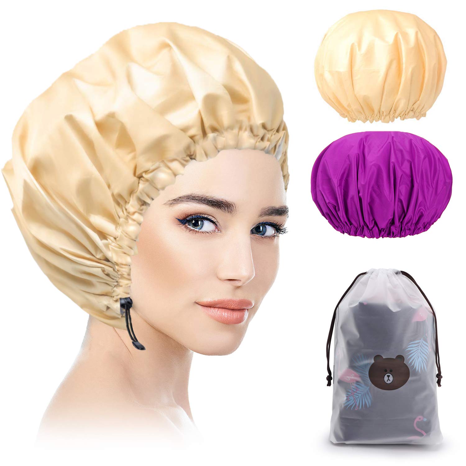 2 Packs Shower Cap, Extra Large & Adjustable & Double-Layer Waterproof Hair Cap for Women, Waterproof Exterior & EVA Lining, Oversized Design for All Hair Lengths, Adjustable Hem (yellow)