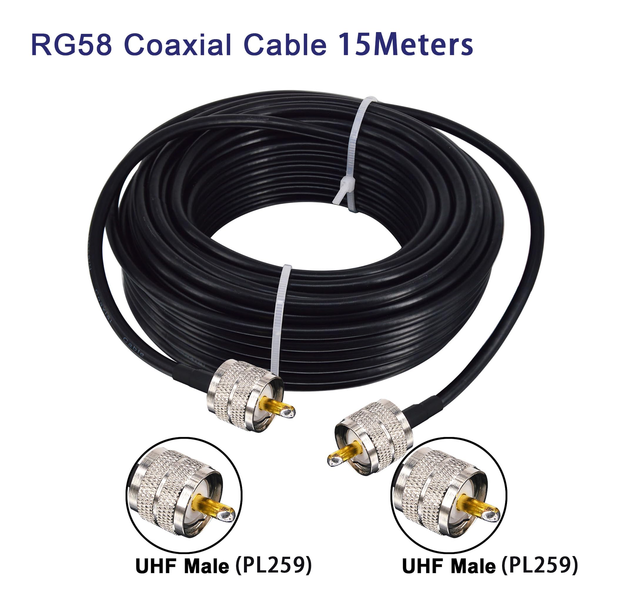 RG58 - Cavo UHF PL259, adattatore UHF maschio a UHF, cavo antenna radio radio amatoriale, cavo coassiale a bassa perdita, cavo coassiale CB per radio satellitare, telecomunicazioni, CCTV 15 m