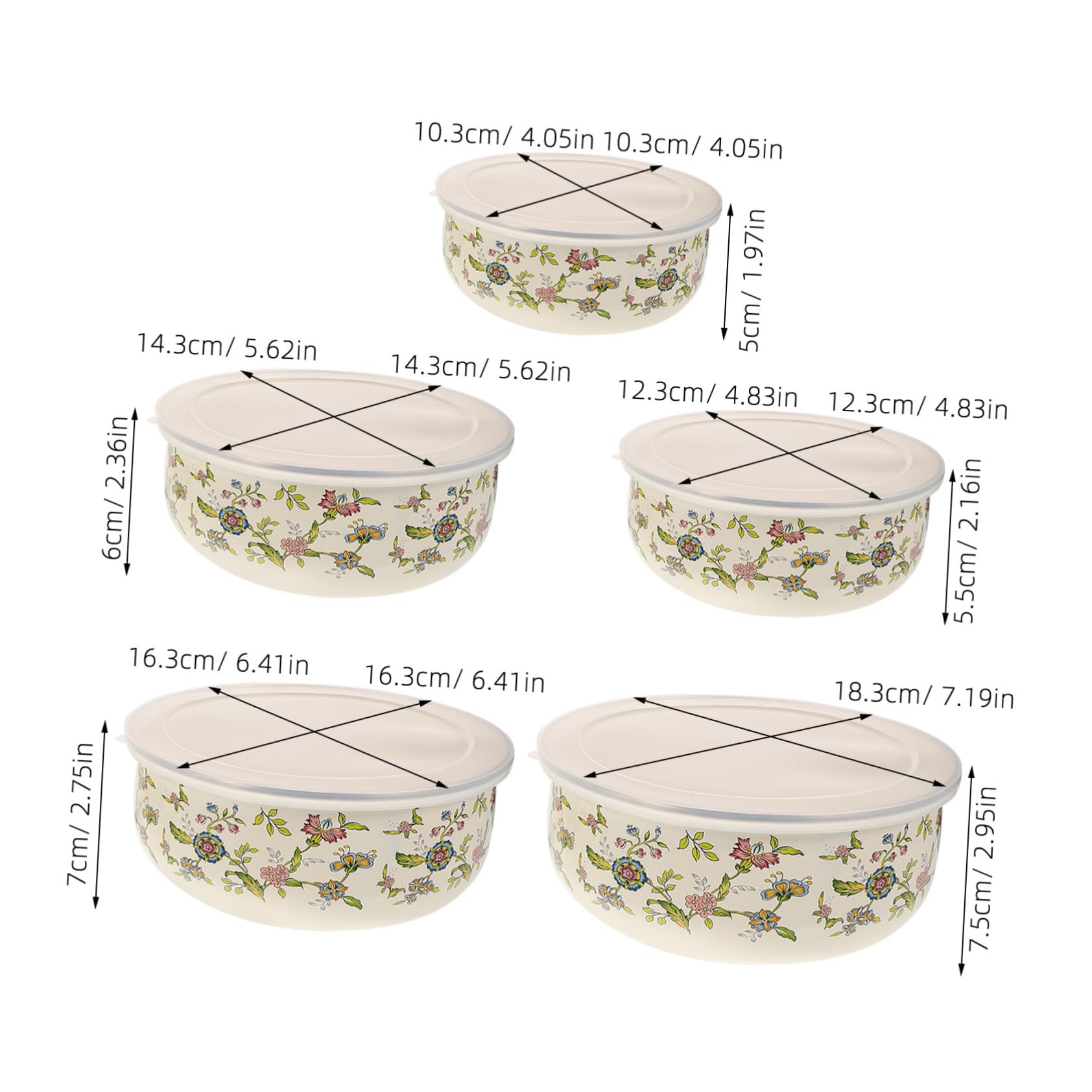 Gatuida Juego de 5 Ensaladeras Esmaltadas con Tapa para Servir y Almacenar, Cuencos Redondos de Plástico para Uso Diario en Cocina, Apilables y Creativos