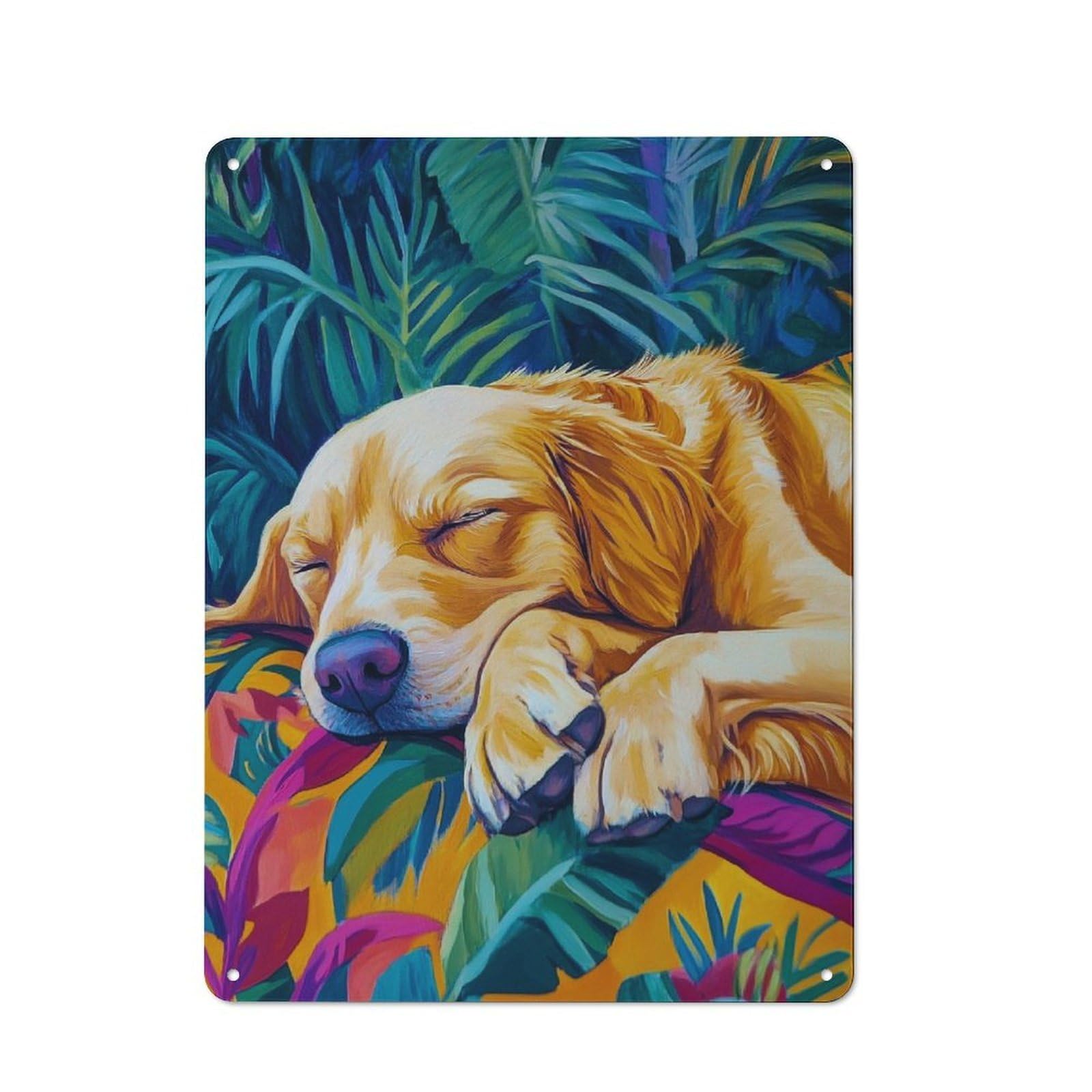 Junmoney Sleeping Golden Retriever Rustic Metal Sign 40X30cm For Hobby Room Or Studio, Suited To Hobby Room Decor Fans