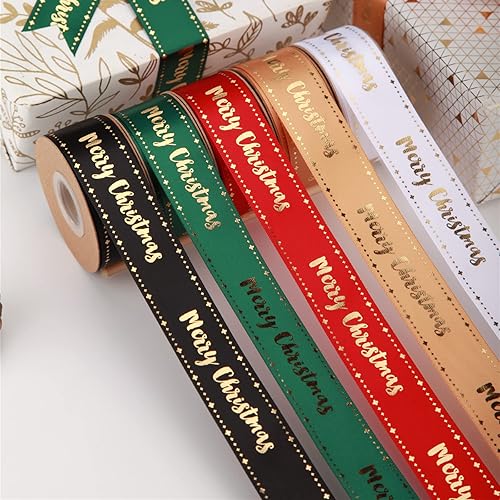 Miniatura 3 de Meseey Cinta de Navidad de 10 yardas y 1 pulgada de ancho, cintas de satén negro con cinta de regalo impresa dorada para embalaje de manualidades,