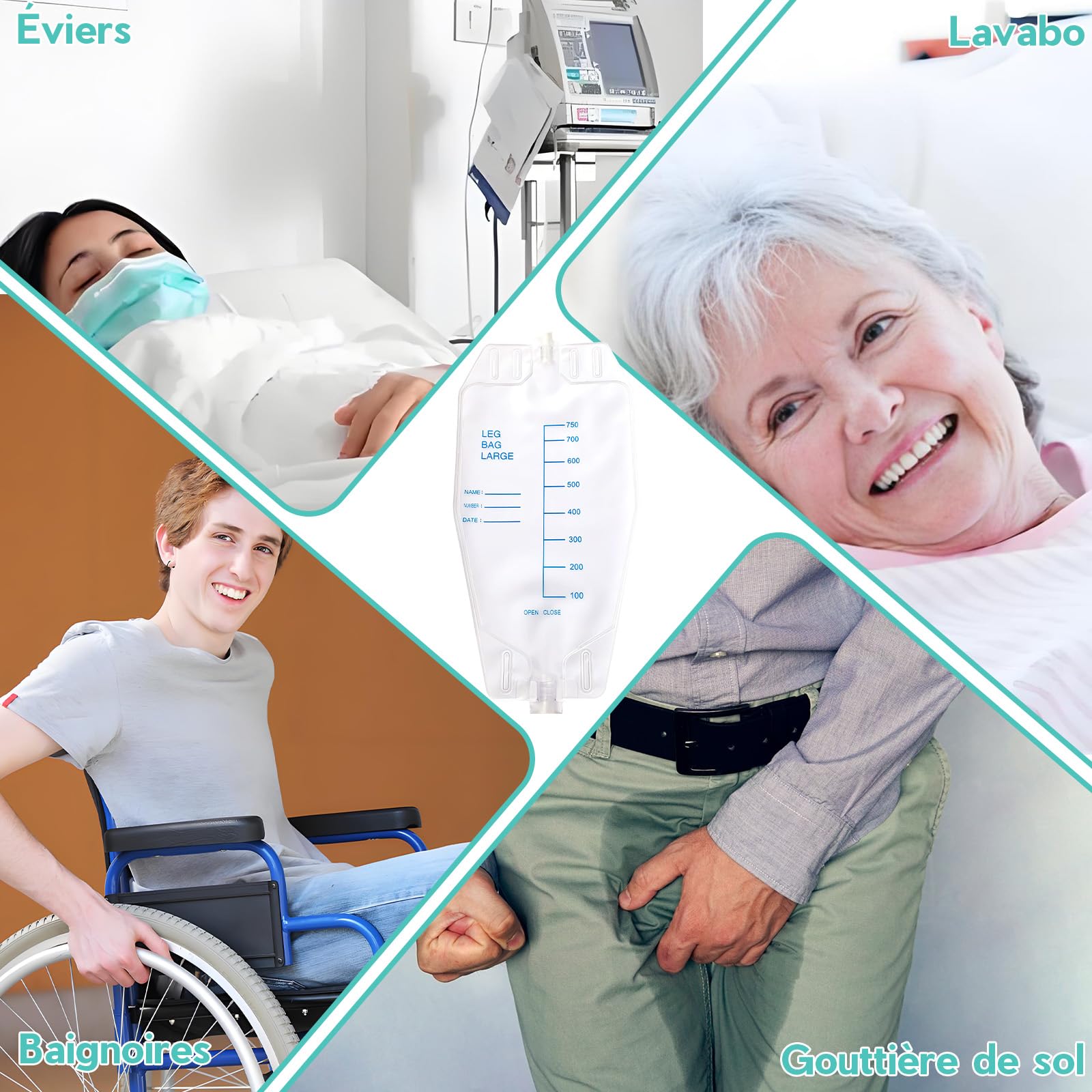 5 Bolsas de Orina de 750 ml para Las Piernas, Bolsa Sonda Vesical Pierna con 2Cintas de Tela, Tubo de 60 cm de Longitud y Válvula Antirreflujo, Bolsa de Urinario Catéter Pierna