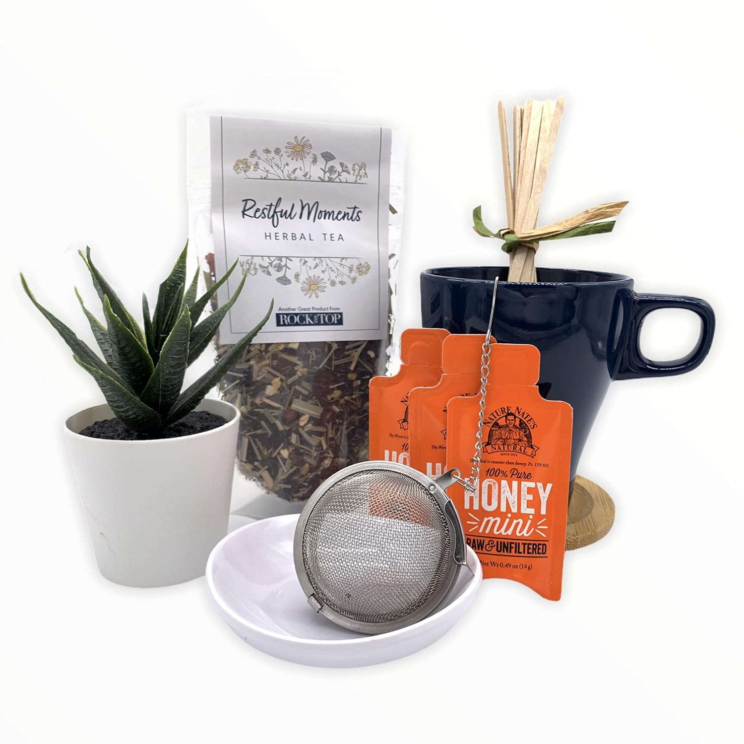 Rock the Top Restful Moments Herbal Tea Gift Box - Tea Set with Tea Infuser, Loose Leaf Tea, Tea Steeper, Tea Cup, Tea Bag Holder, Coaster & more- Gift Sets for Tea Lovers, Nurse Gifts, Birthdays & Teacher Appreciation.