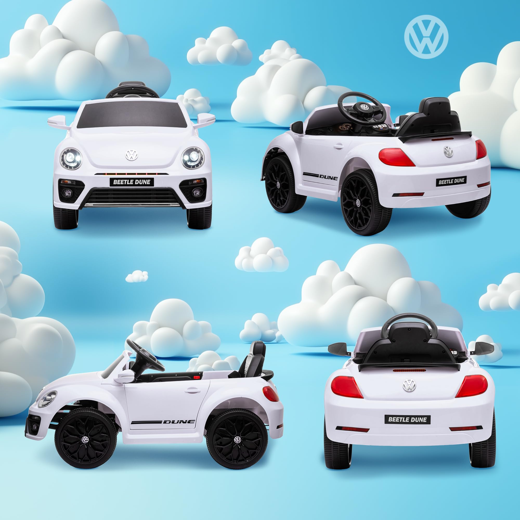 AIYAPLAY Dziecięcy samochód elektryczny Volkswagen Beetle 12V, biały | Pilot 2,4G, muzyka, klakson, światła LED, złącze USB/MP3, pojazd elektryczny dla dzieci 3-5 lat, VW Beetle