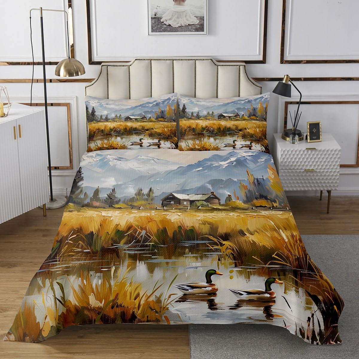 Erosebridal Mallard Duck Bedspread Set King for Nursery Kids Boys Watercolor Woodland Ducks Hunting Coverlet Set Forest Rustic Country Hunting and Fishing Bedding Sets