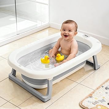 Baybee Jolly Kids Bath Tub for Baby 0 to 5 Years Foldable Baby Bathtub for Kids with Anti Skid Base & Drainer, Mini Swimming Pool for Kids, Newborn Baby Folding Bathing Tub for Girls & Boys (Grey)