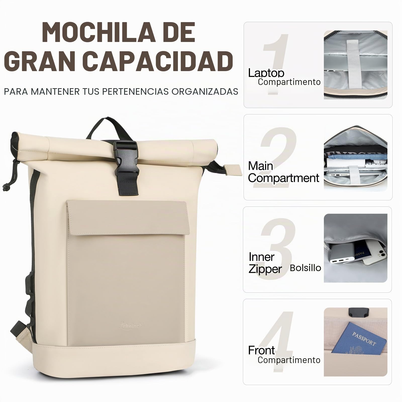 Lekeinchi Mochila Enrollable Hombre & Mujer - Rolltop Extensible Mochila Portátil 17" Impermeable Mochila Ordenador Casual Bolso para Viaje, Uni, Trabajo, 18-25L, Beige