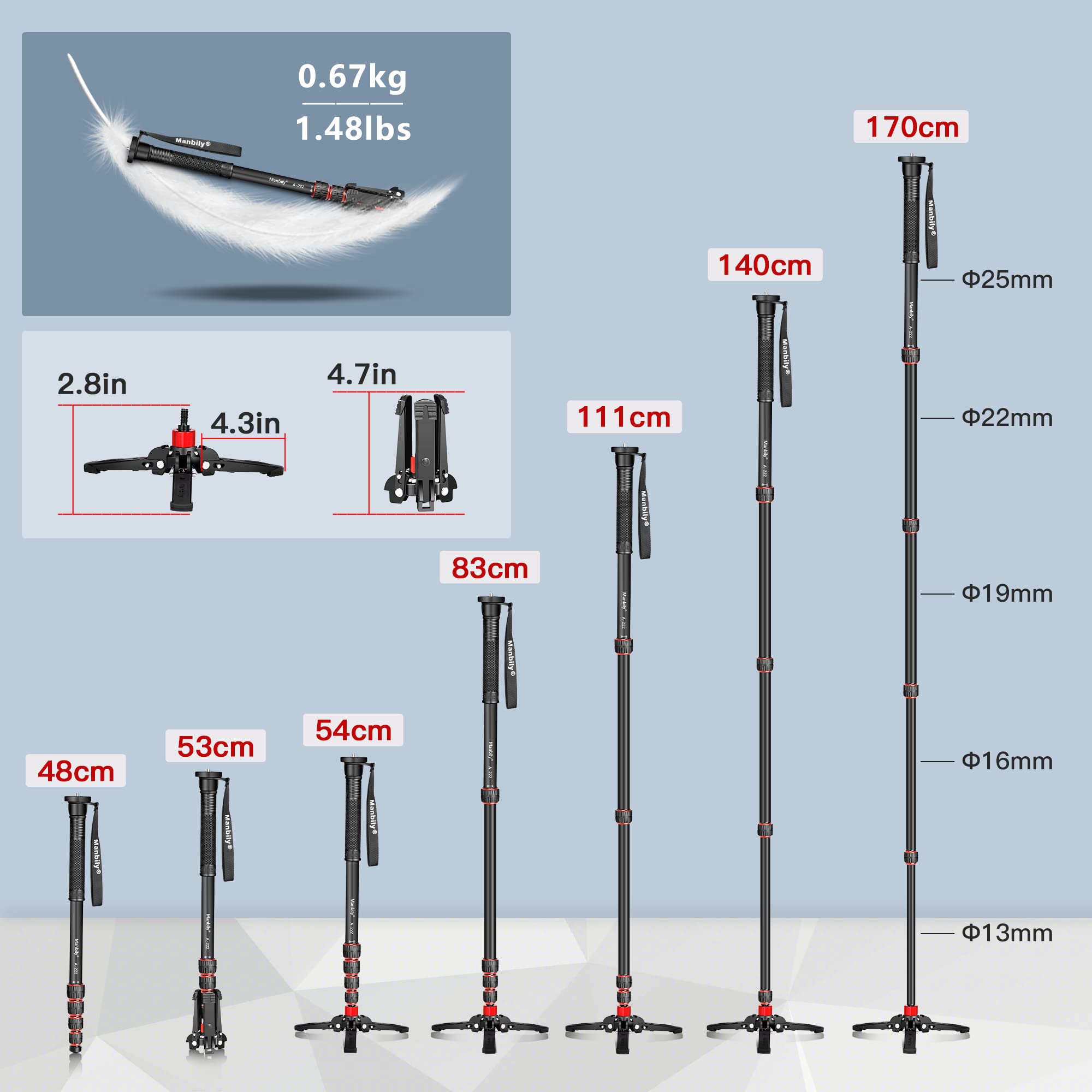 Manbily Monopode Caméra Extensible Aluminium 170cm Trépied de Voyage Portable Amovible pour Appareil Photo Reflex DSLR Canon Sony Nikon 5 Sections 15,5lbs