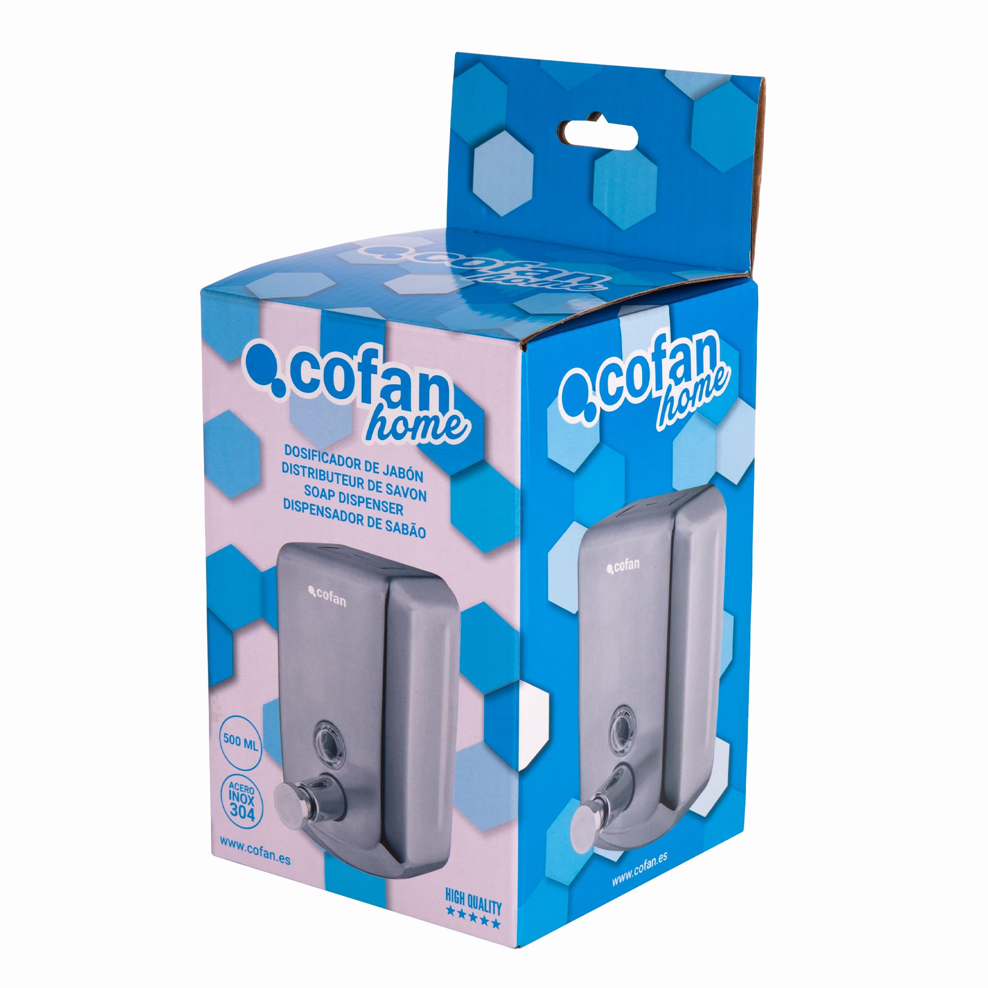 Cofan Dosificador de Jabón en Acero Inoxidable 304 | Capacidad: 500 ml o 1 Litro | Medidas: 10 x 6 x 15,5 cm | Dispensador de Jabón con Ventana de Visualización (Acero Inoxidable, 500 ml)
