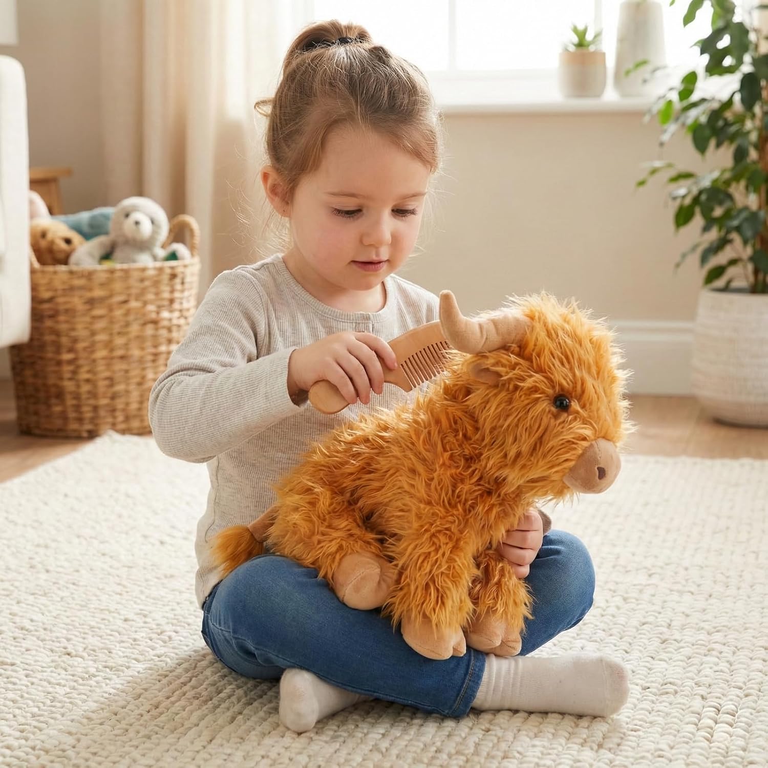 WEIGEDU Highland Cow Stuffed Animal Plush Toy – 12” Soft Fluffy Cuddly Cattle with Horns – Realistic Highland Bull for Kids & Collectors – Brown