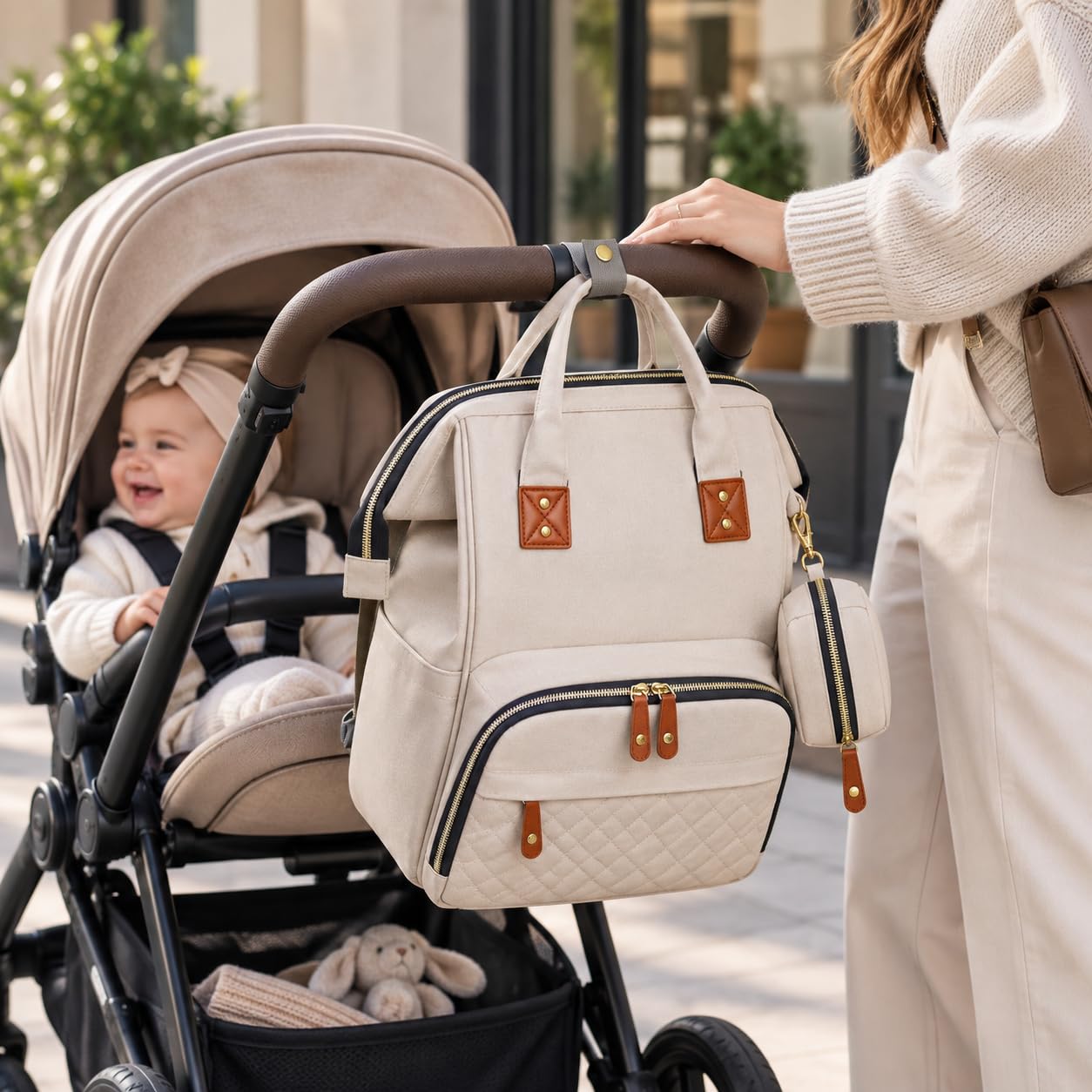 Sac à Dos à Langer pour Bébé,Sac de Voyage,Grande Capacité Sac à Couches Multifonction Imperméable,2 Sangles de Poussette,pour Biberon Poche Isotherme Beige